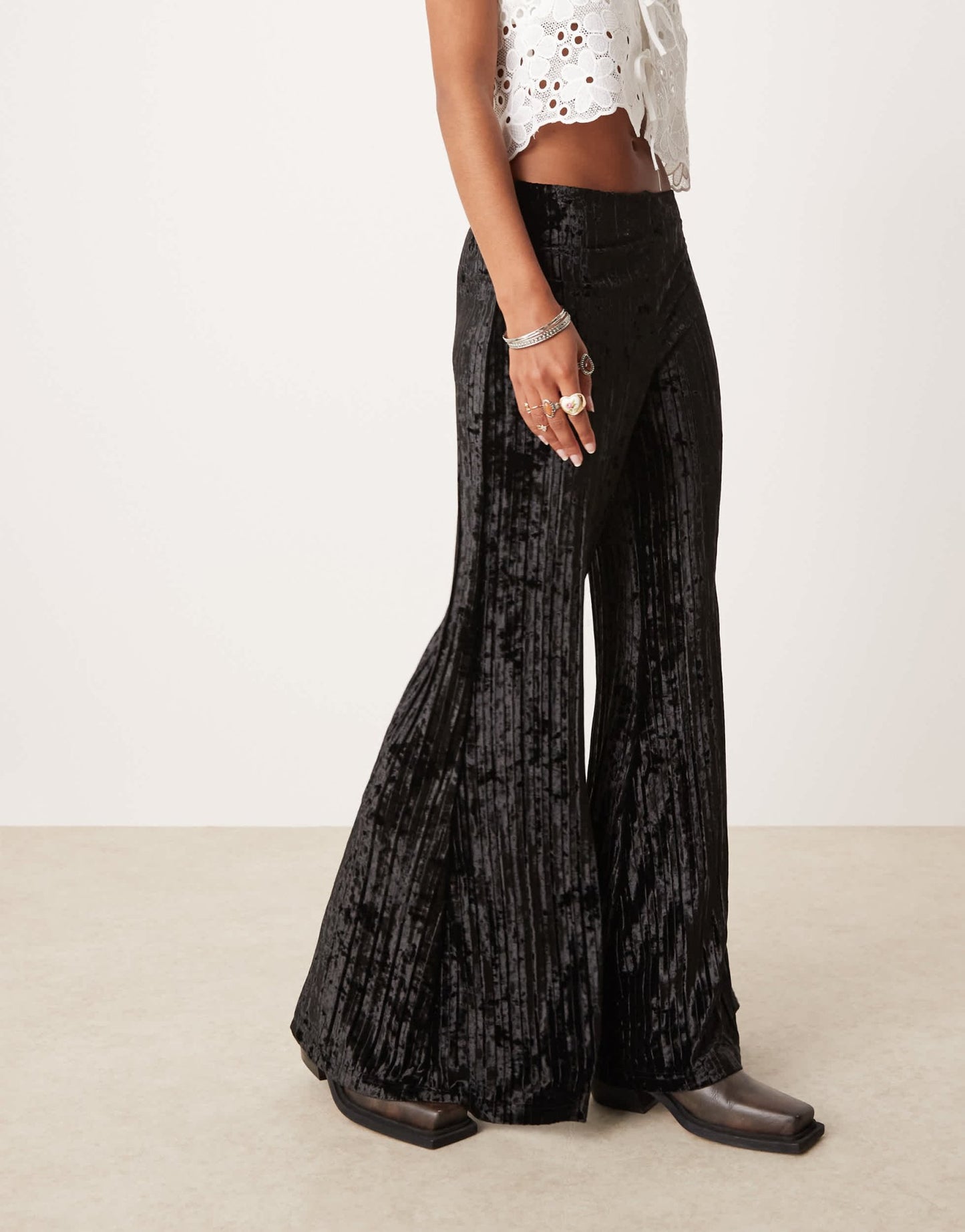 Free People crinkle velvet pleated wide leg trousers in black - ASOS Sample Sale EU Store