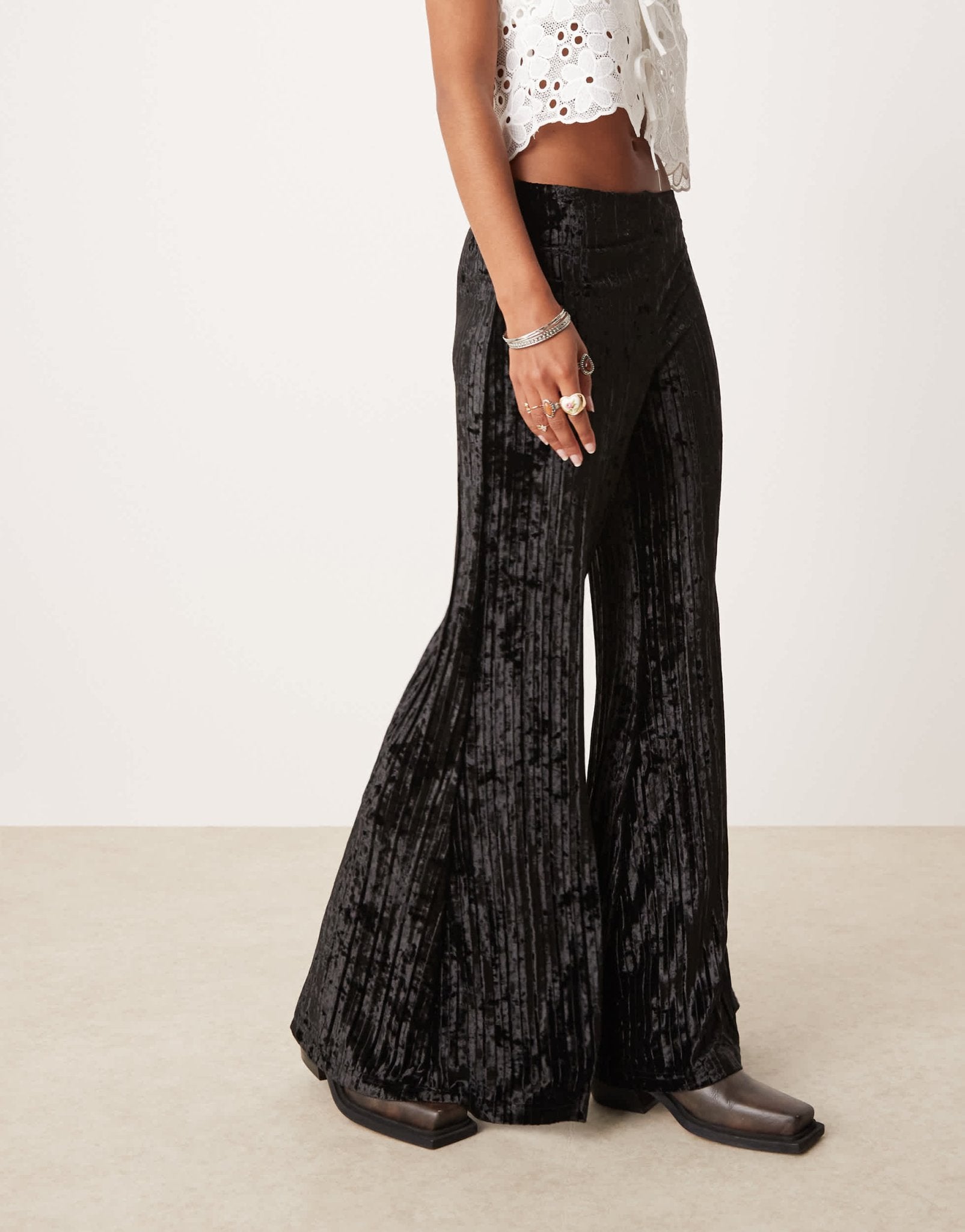 Free People crinkle velvet pleated wide leg trousers in black - ASOS Sample Sale EU Store