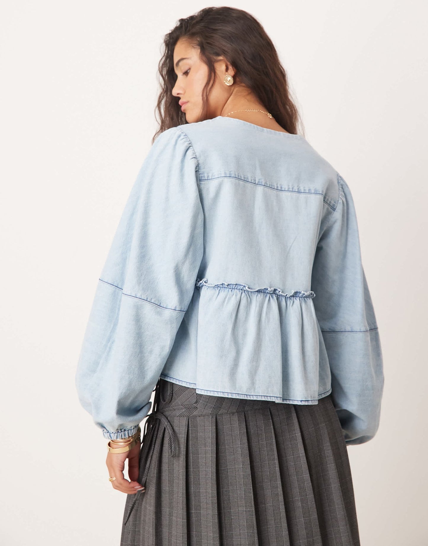 Free People denim tie - front blouse in light wash blue - ASOS Sample Sale EU Store