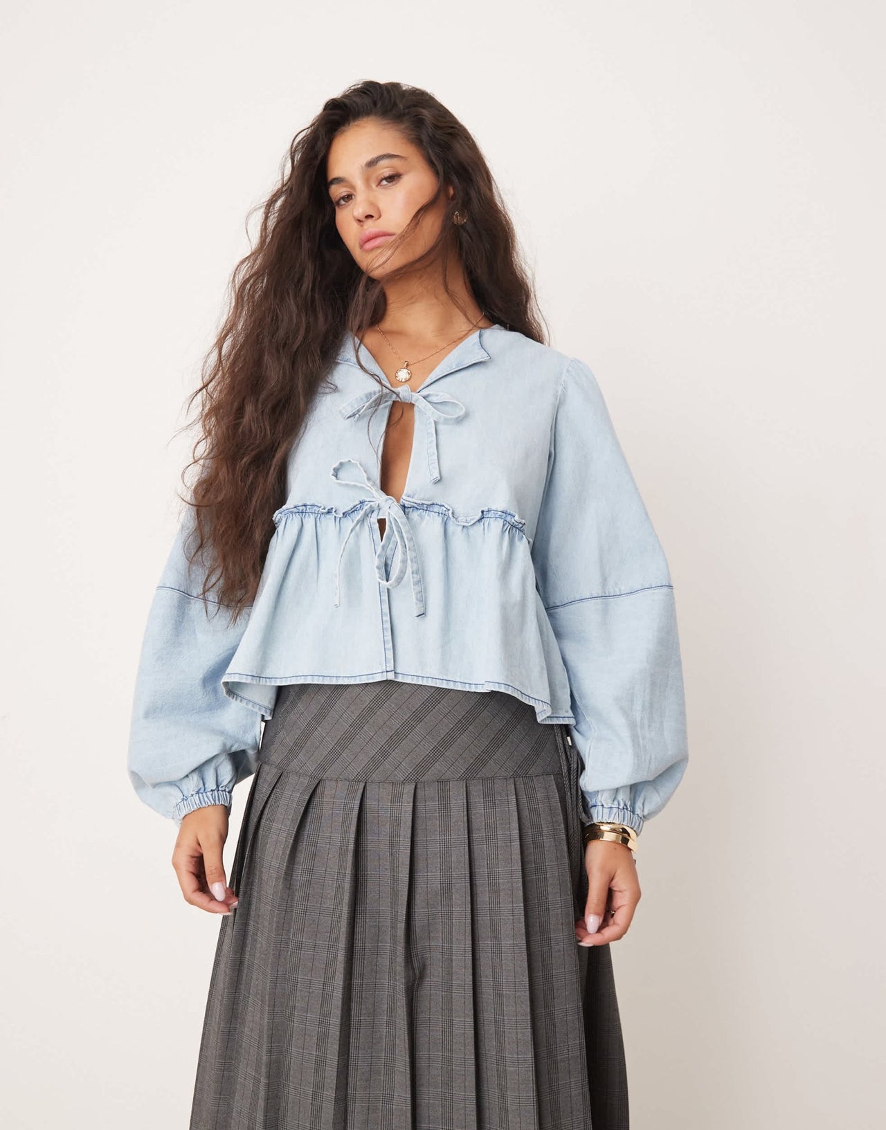 Free People denim tie - front blouse in light wash blue - ASOS Sample Sale EU Store