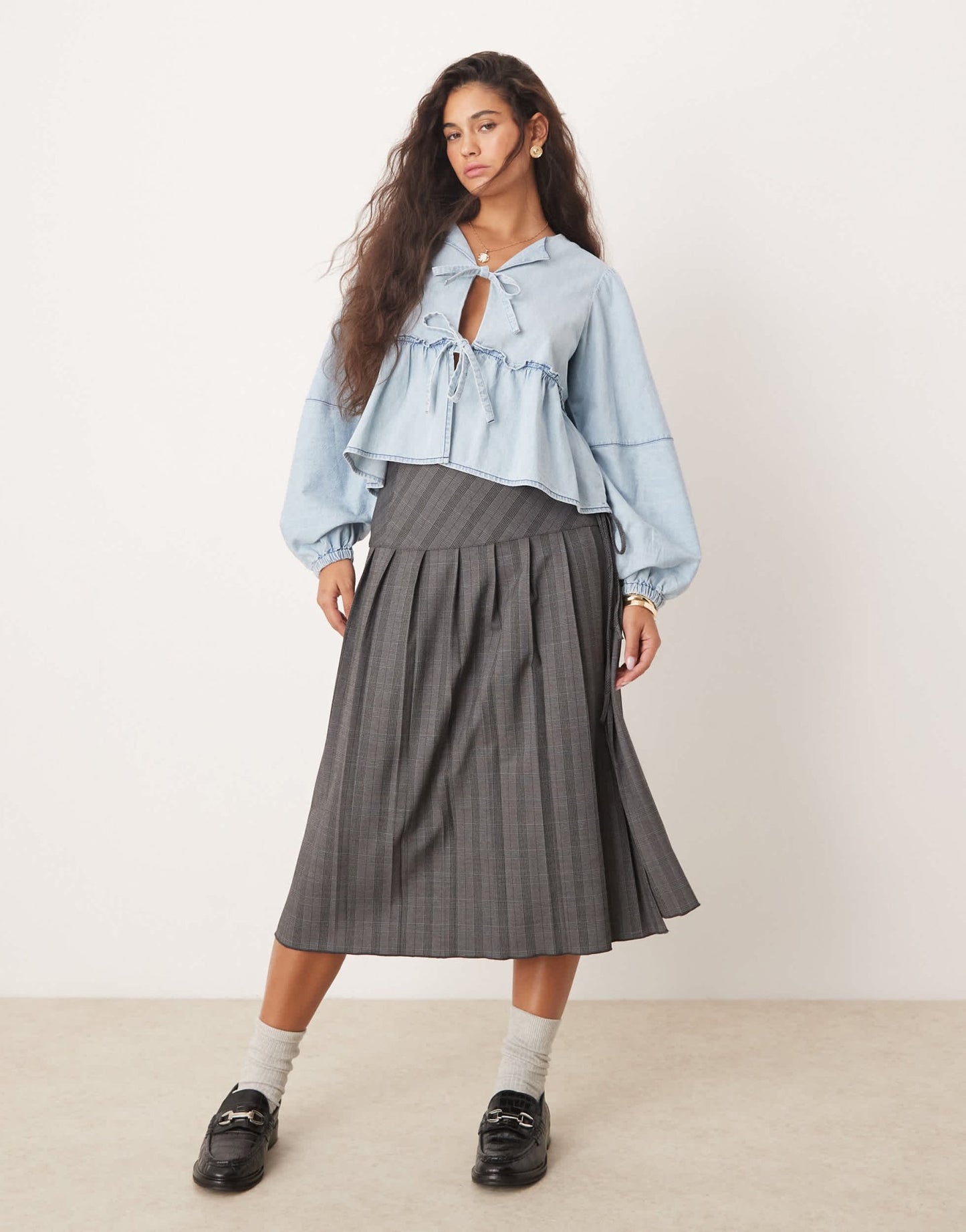 Free People denim tie - front blouse in light wash blue - ASOS Sample Sale EU Store