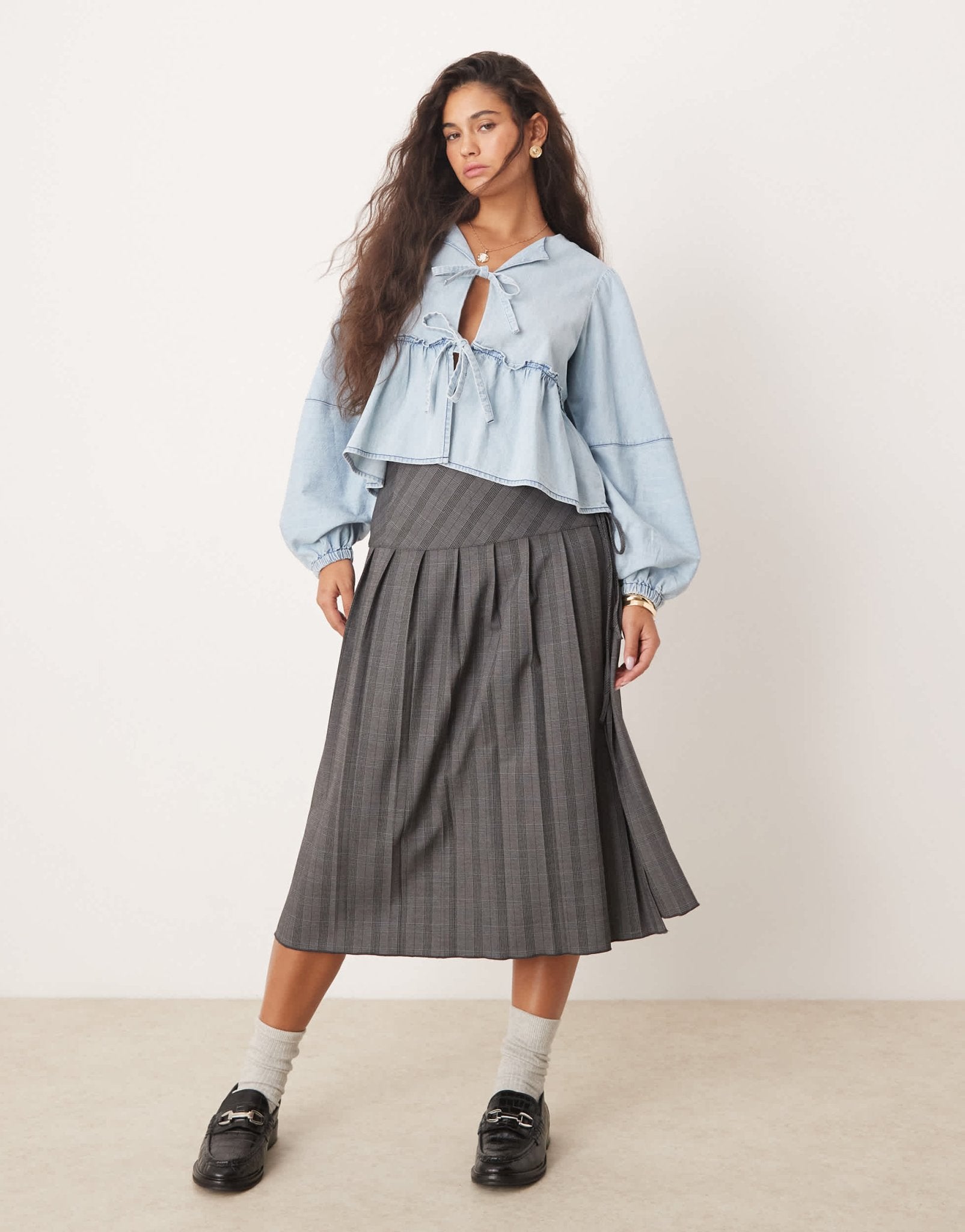 Free People denim tie - front blouse in light wash blue - ASOS Sample Sale EU Store