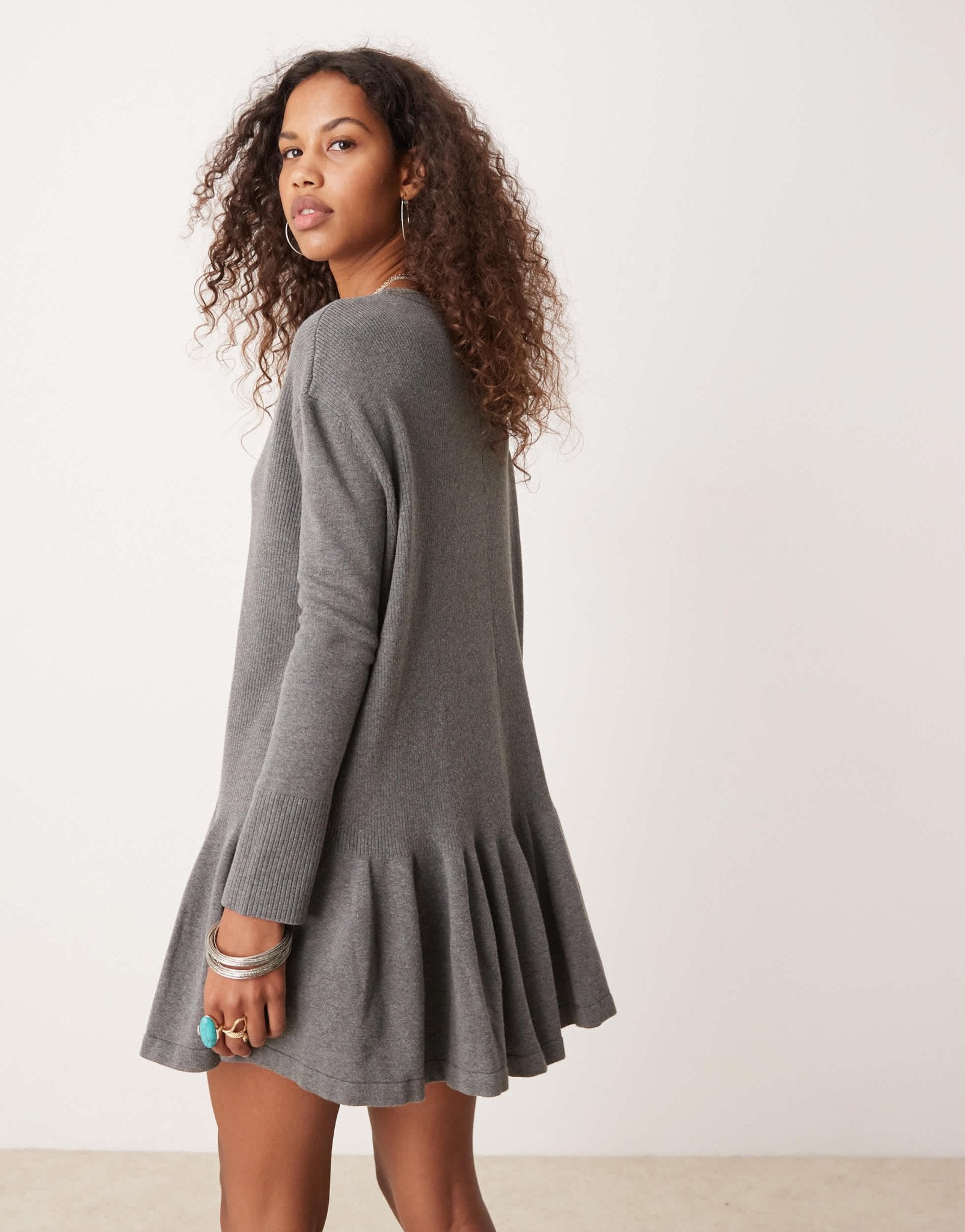 Free People knitted mini ruffle hem mini dress in grey - ASOS Sample Sale EU Store