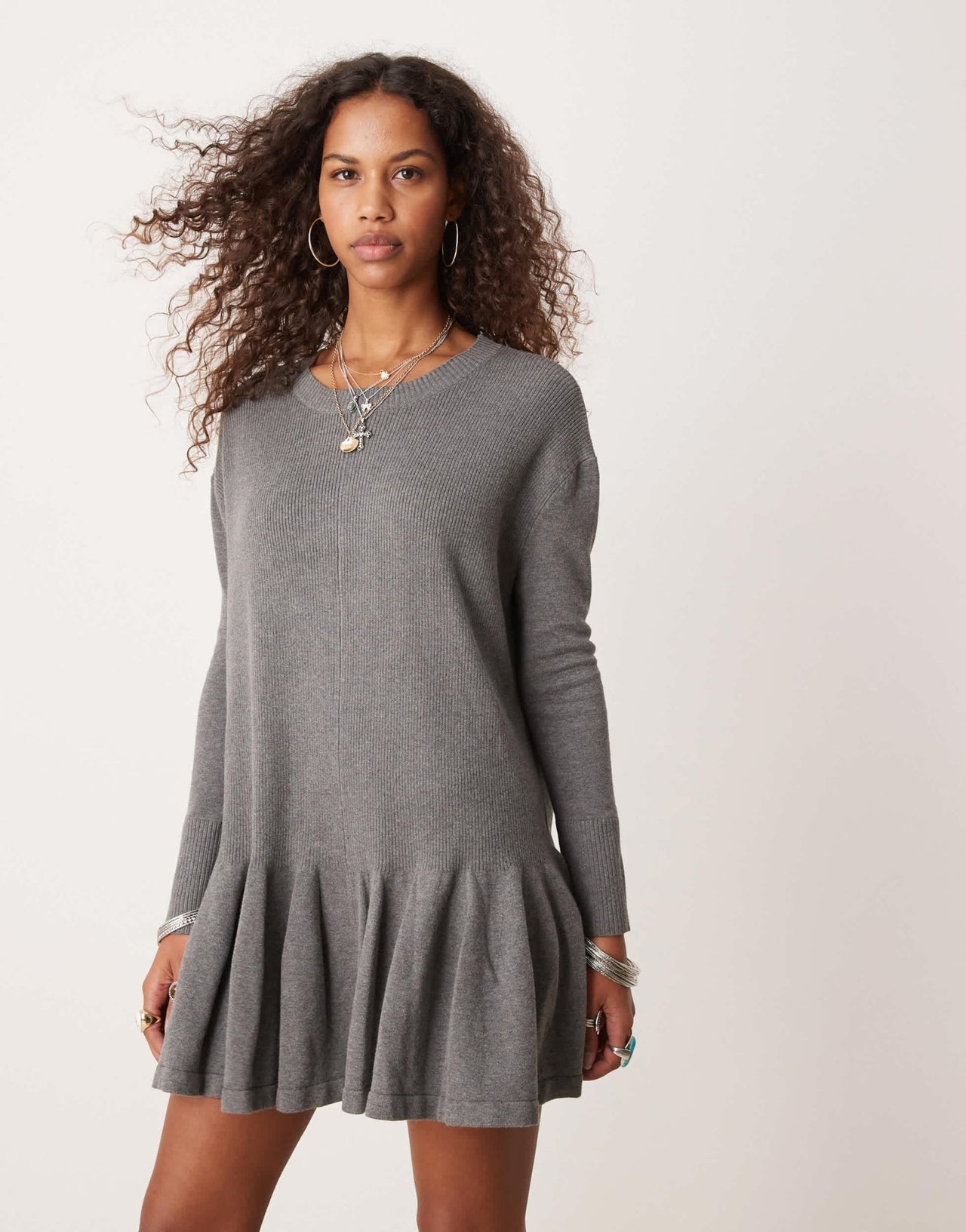 Free People knitted mini ruffle hem mini dress in grey - ASOS Sample Sale EU Store
