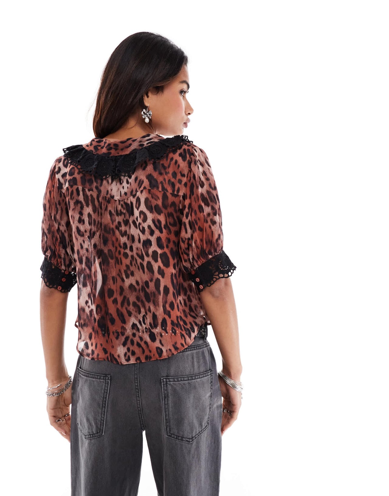 Free People lace trim leopard print cropped blouse in brown - ASOS Sample Sale EU Store
