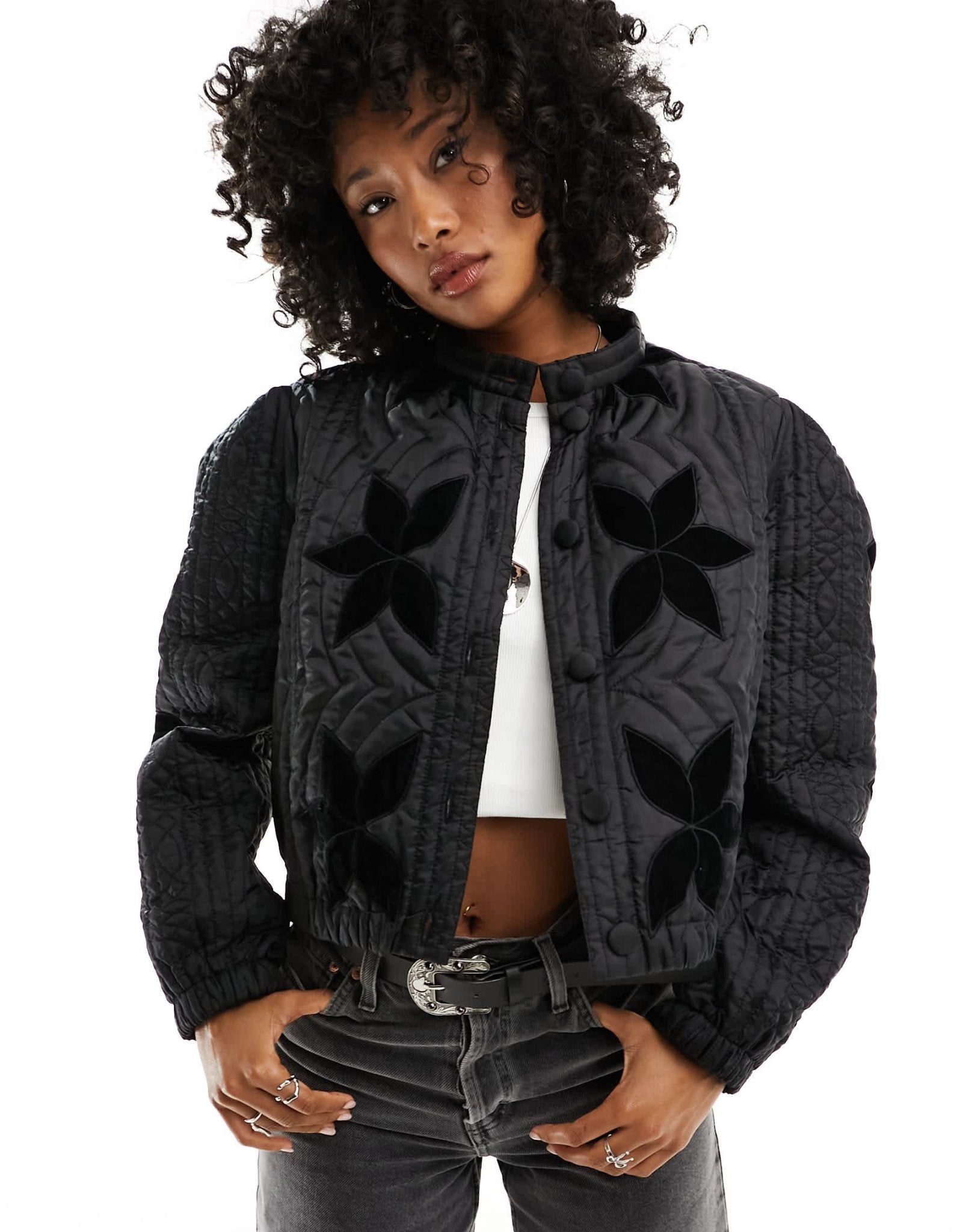 Free People quilted velvet inlay jacket in black - ASOS Sample Sale EU Store