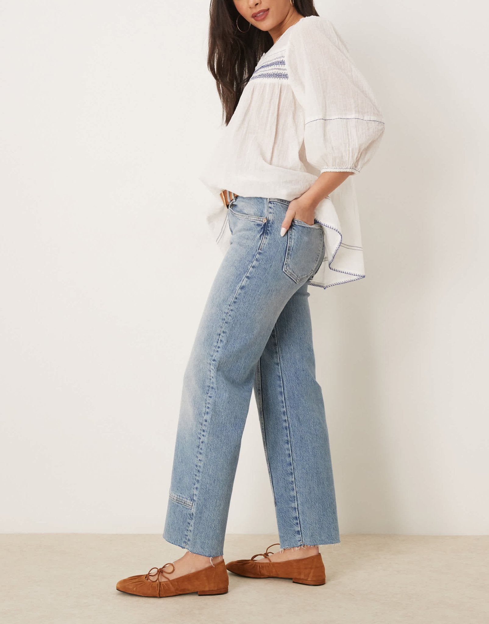 Free People risk taker mid - rise straight leg jeans in mid wash blue - ASOS Sample Sale EU Store