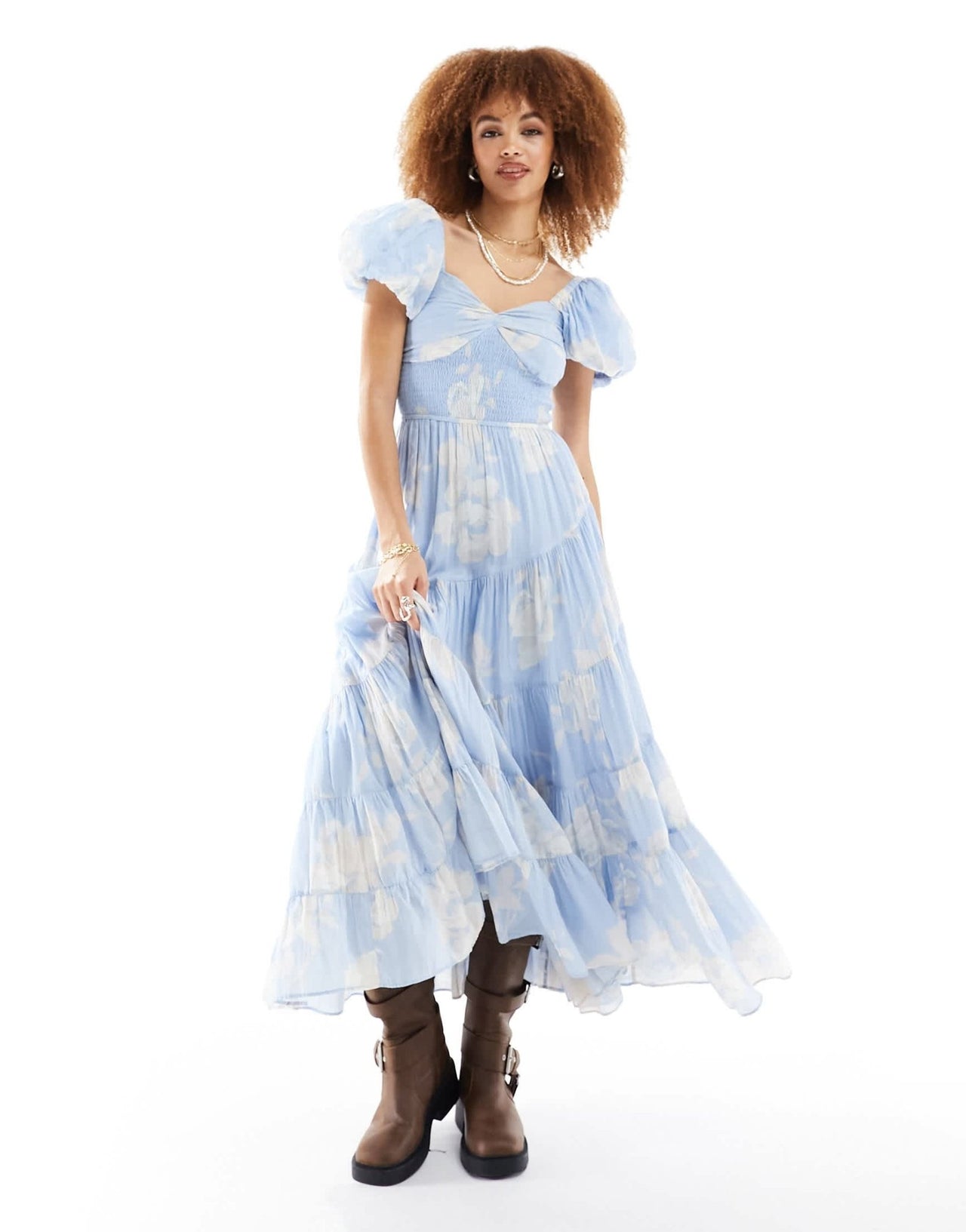 Free People textured floral puff sleeve midaxi dress in sky blue - ASOS Sample Sale EU Store