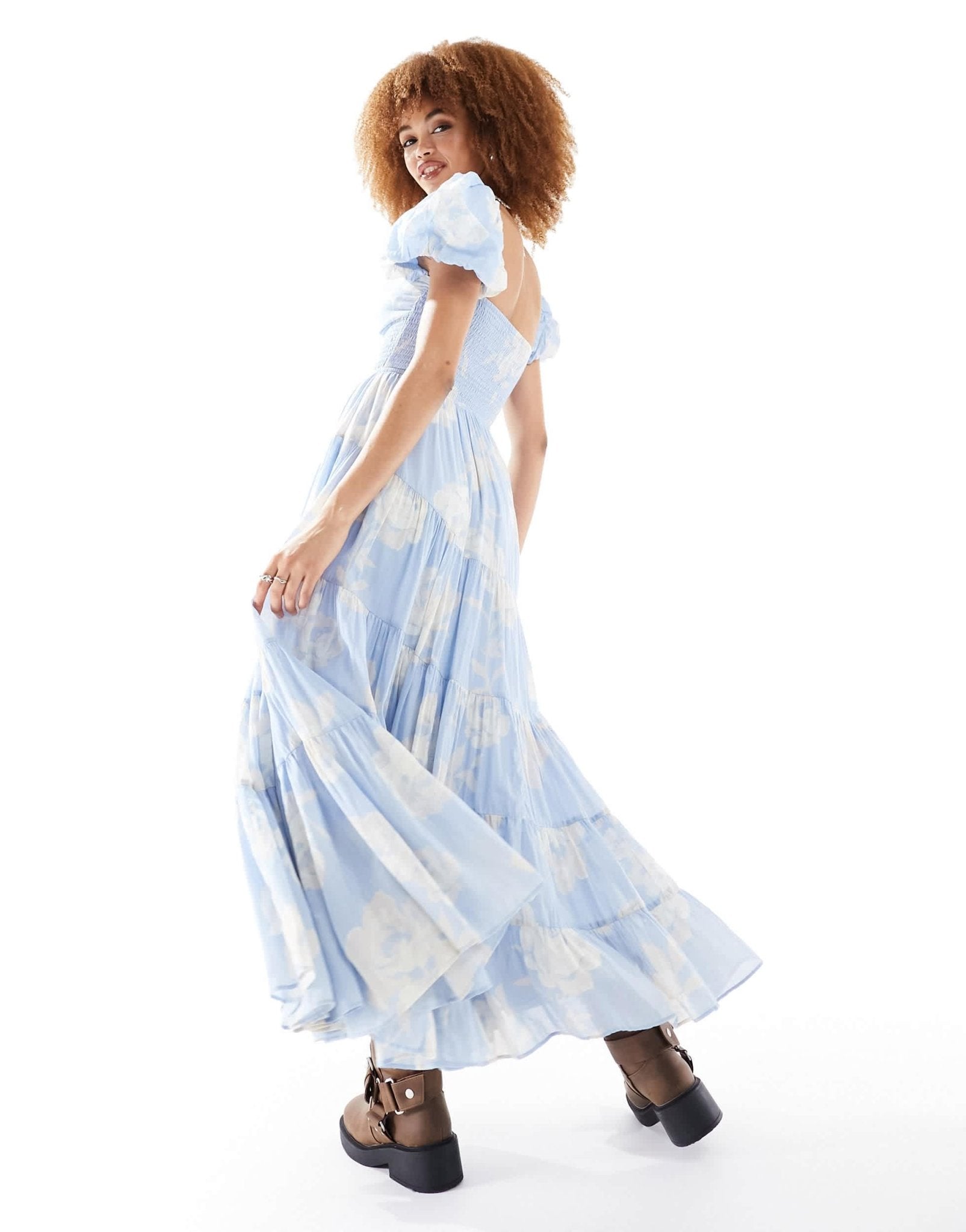 Free People textured floral puff sleeve midaxi dress in sky blue - ASOS Sample Sale EU Store