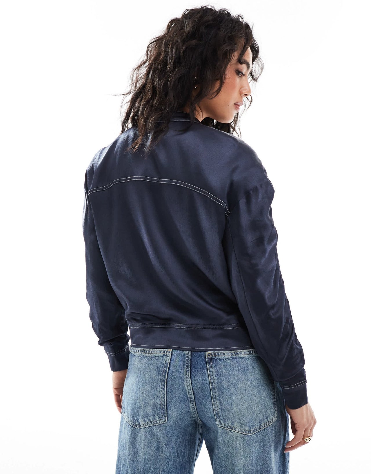 French Connection Akita ruched sleeve satin bomber jacket in navy - ASOS Sample Sale EU Store
