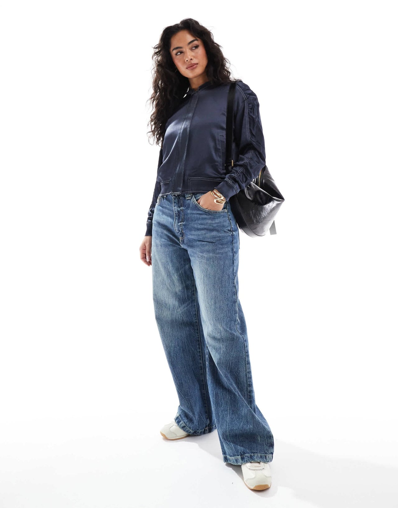 French Connection Akita ruched sleeve satin bomber jacket in navy - ASOS Sample Sale EU Store