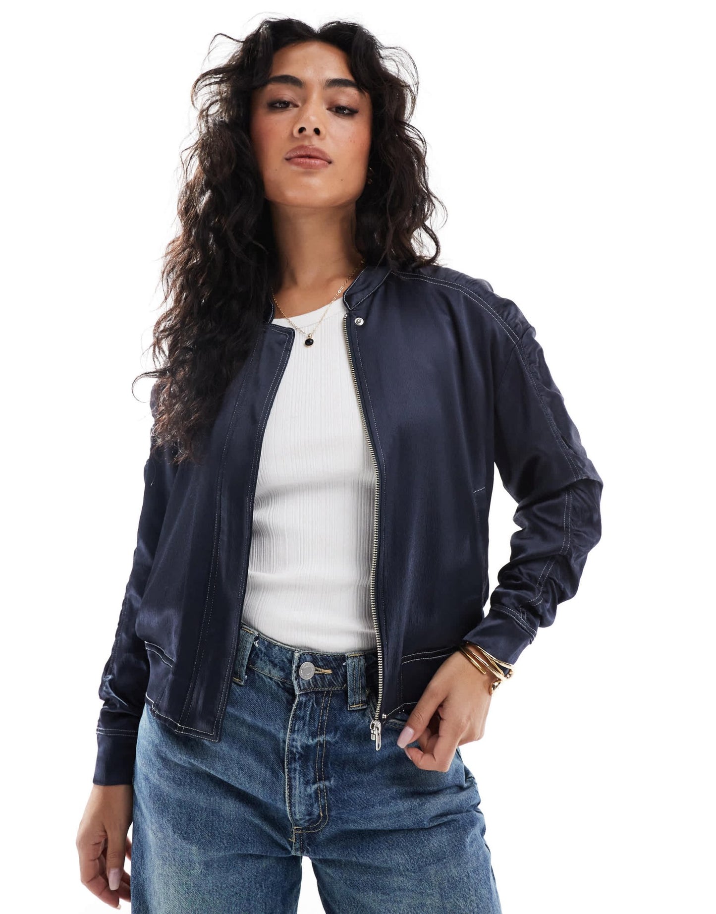 French Connection Akita ruched sleeve satin bomber jacket in navy - ASOS Sample Sale EU Store