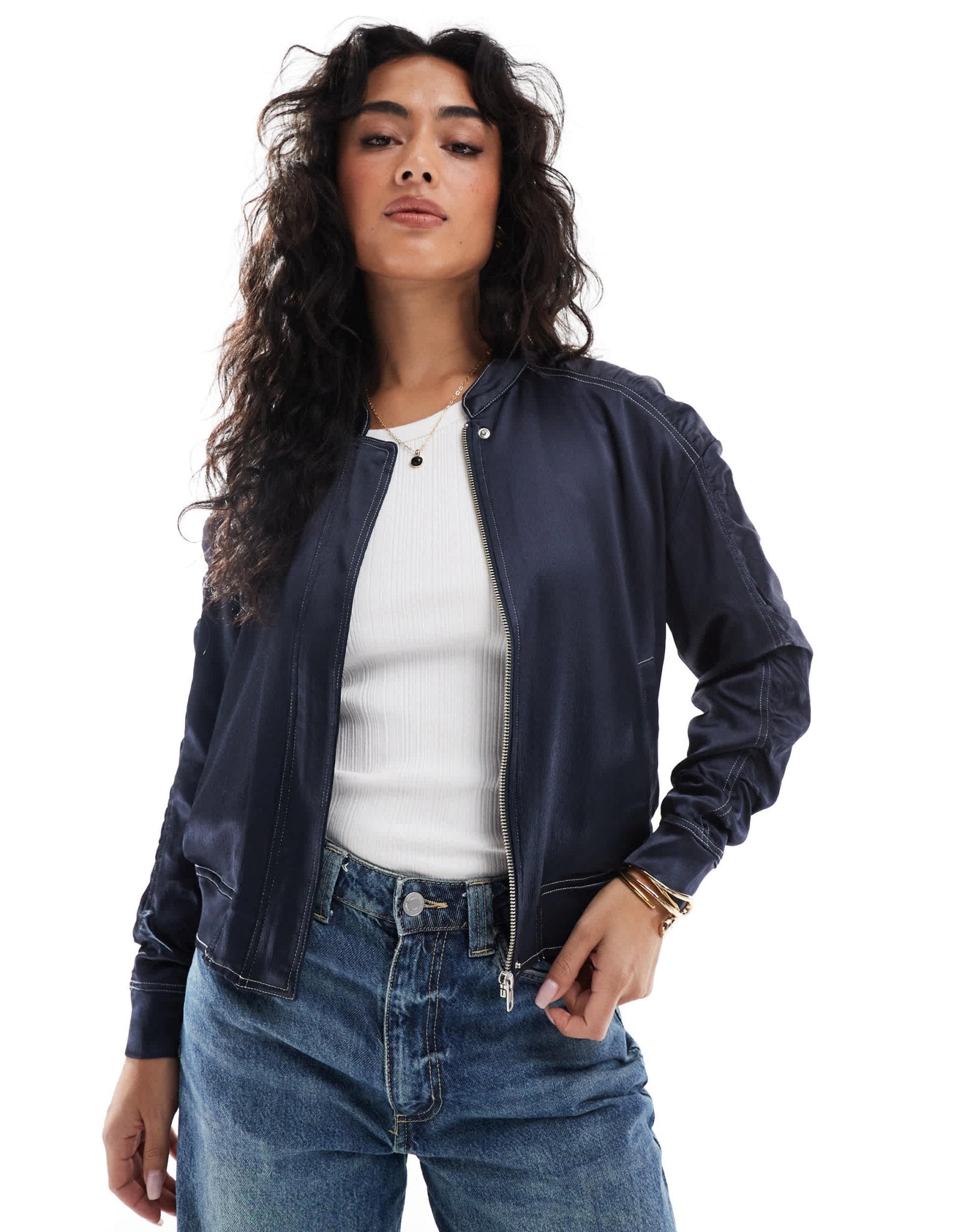 French Connection Akita ruched sleeve satin bomber jacket in navy - ASOS Sample Sale EU Store