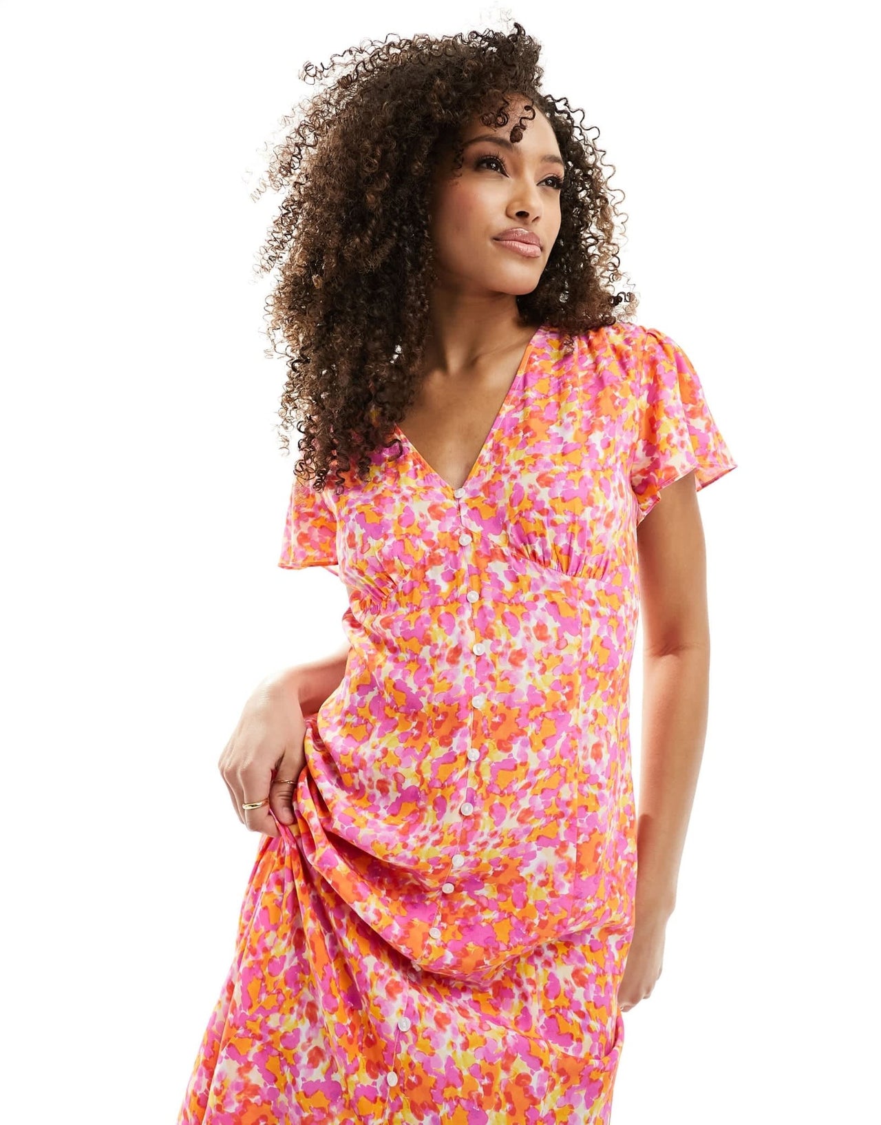 French Connection Cass flutter sleeve midi dress in orange floral - ASOS Sample Sale EU Store