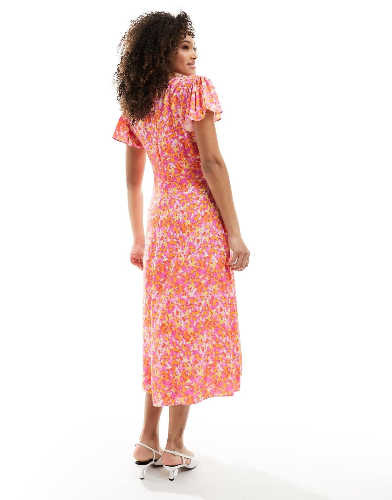 French Connection Cass flutter sleeve midi dress in orange floral - ASOS Sample Sale EU Store