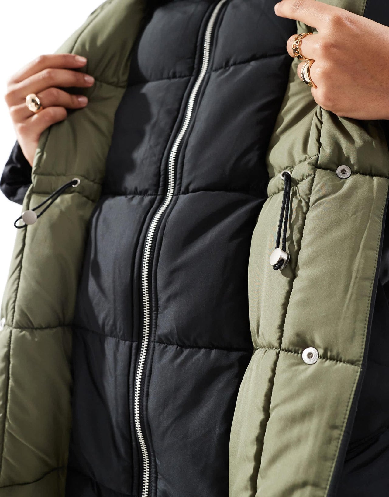 French Connection double front puffer jacket in black and olive - ASOS Sample Sale EU Store