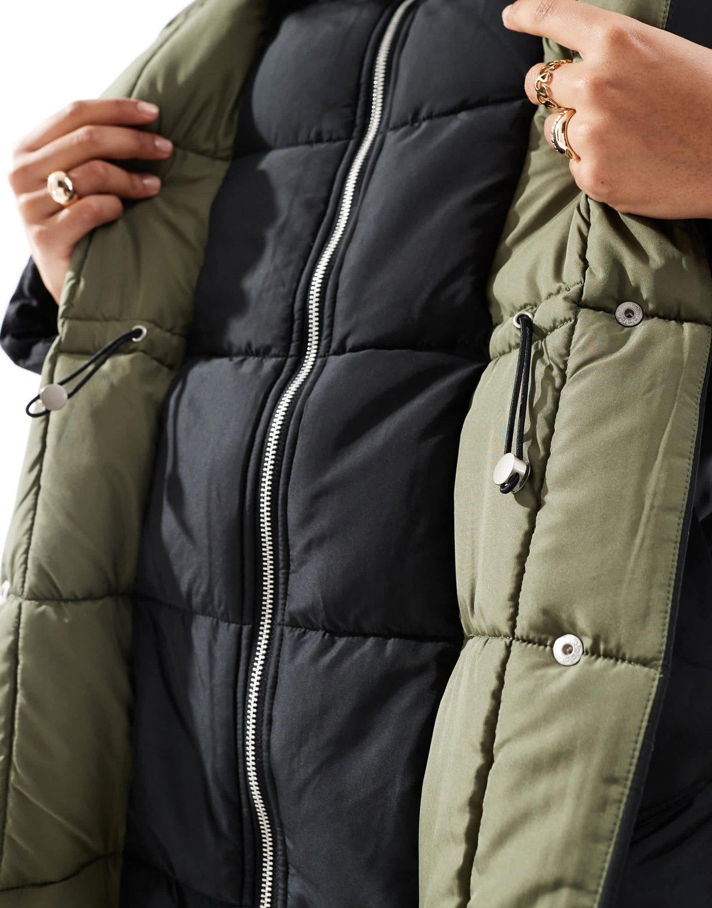 French Connection double front puffer jacket in black and olive - ASOS Sample Sale EU Store