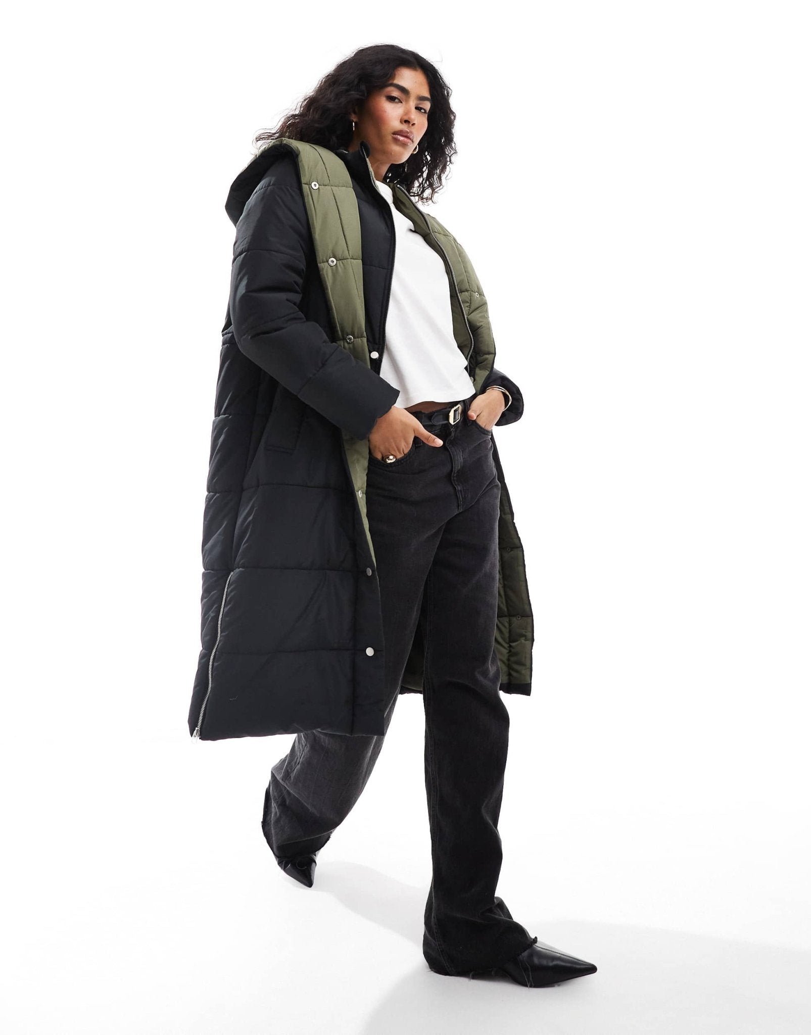 French Connection double front puffer jacket in black and olive - ASOS Sample Sale EU Store