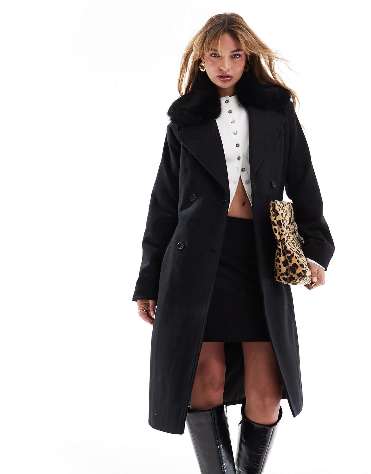 French Connection faux fur trim coat in black - ASOS Sample Sale EU Store