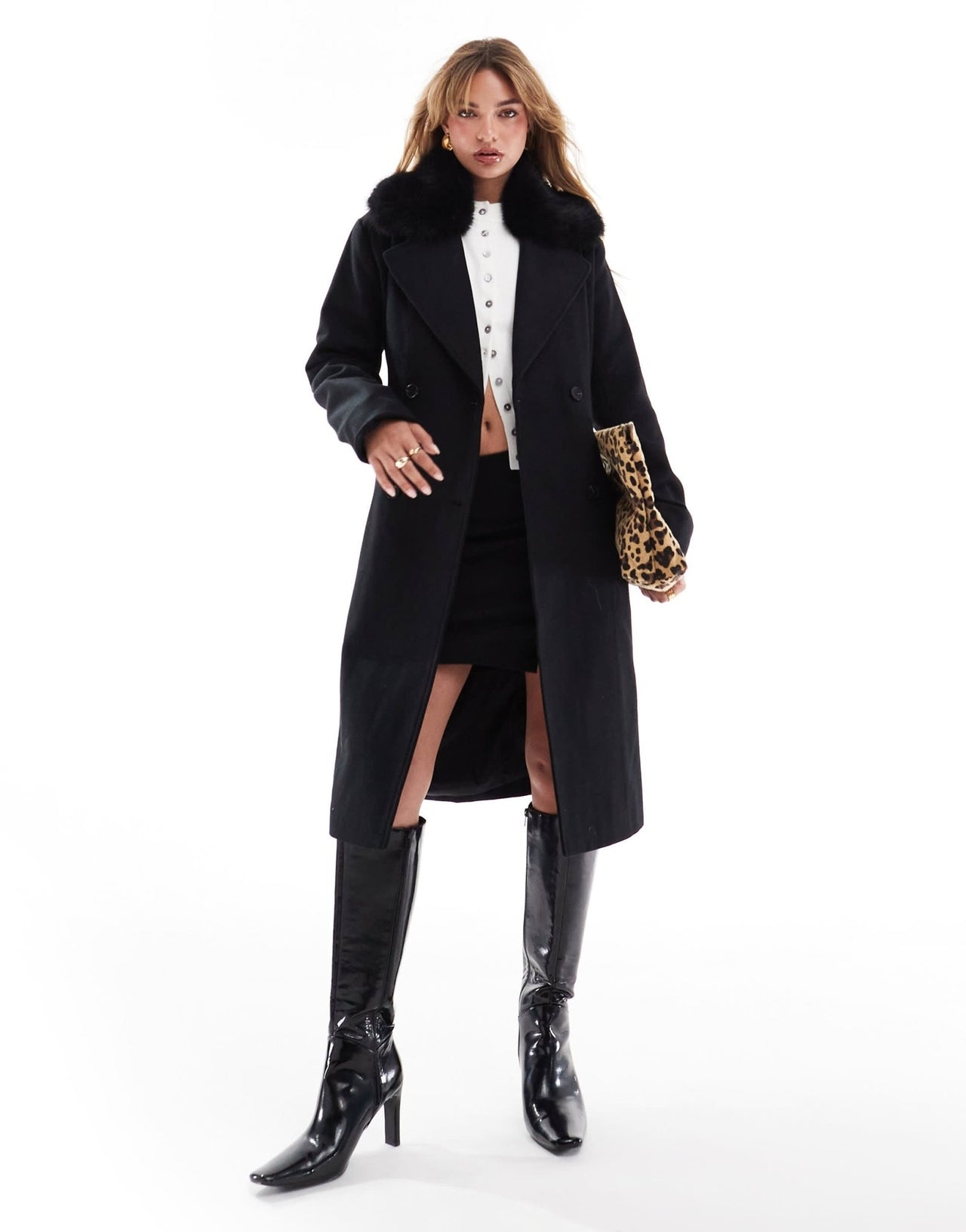French Connection faux fur trim coat in black - ASOS Sample Sale EU Store