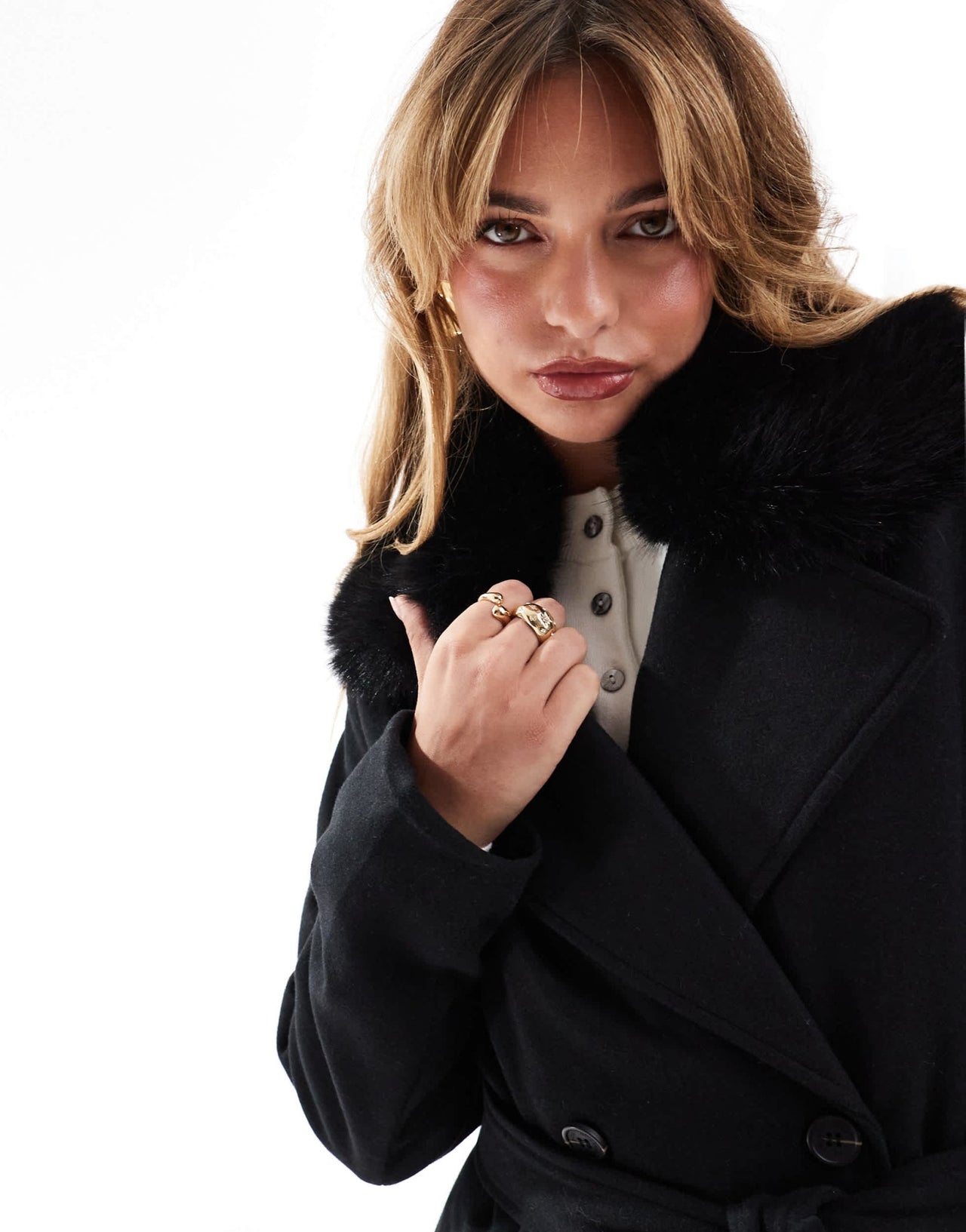 French Connection faux fur trim coat in black - ASOS Sample Sale EU Store