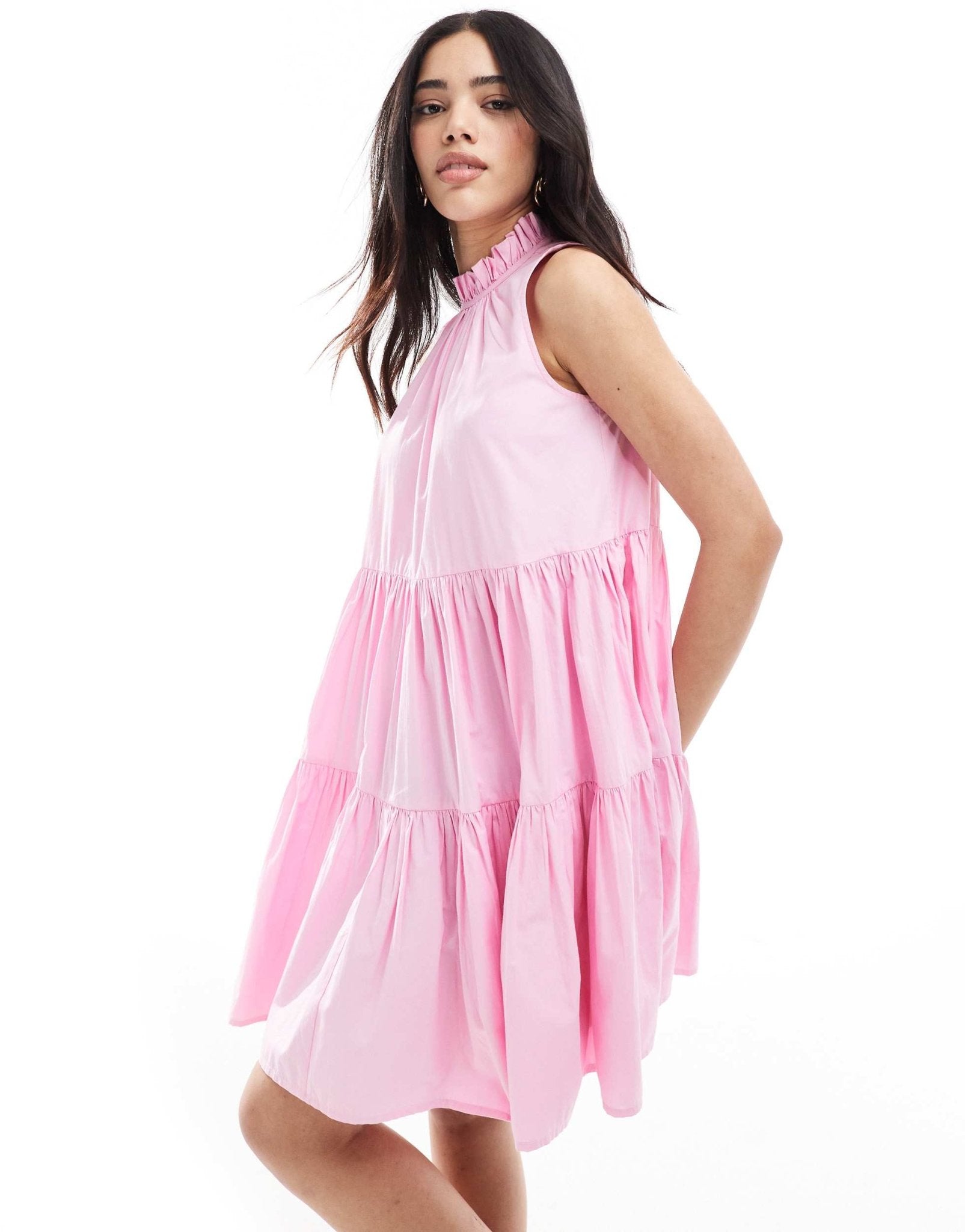 French Connection high neck tiered poplin mini dress in pink - ASOS Sample Sale EU Store