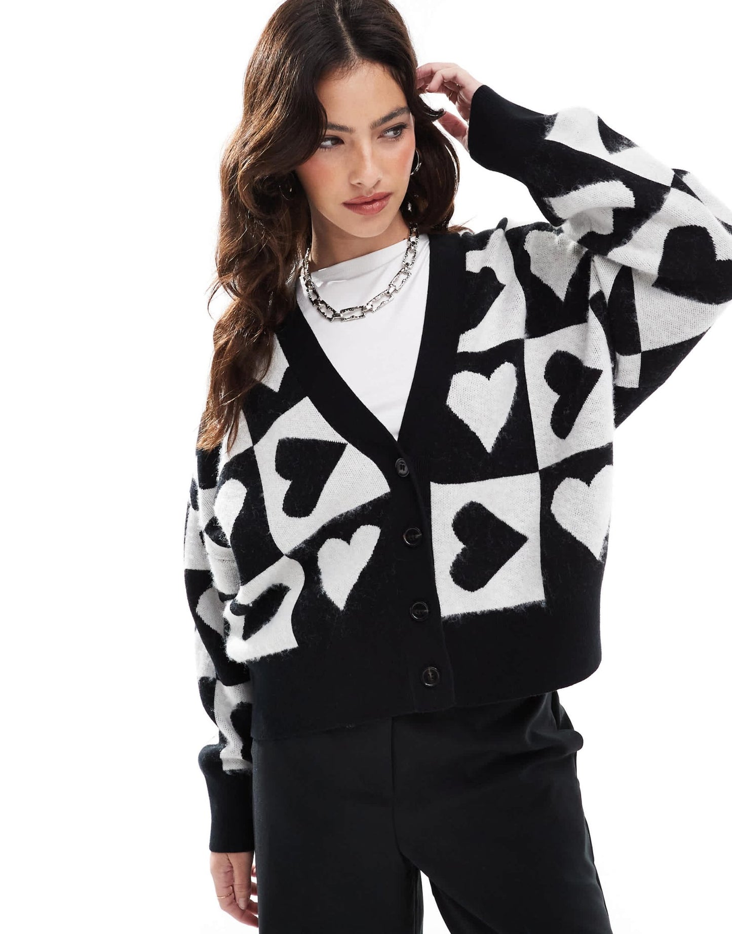 French Connection knitted cardigan with love hearts in black and white - ASOS Sample Sale EU Store