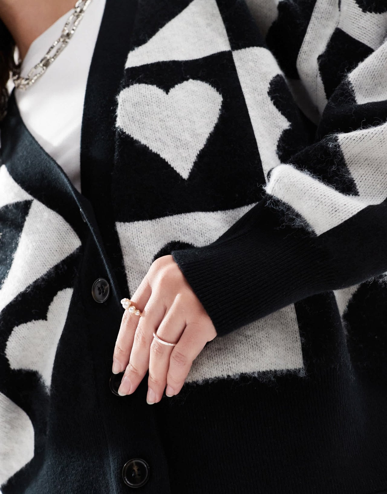 French Connection knitted cardigan with love hearts in black and white - ASOS Sample Sale EU Store