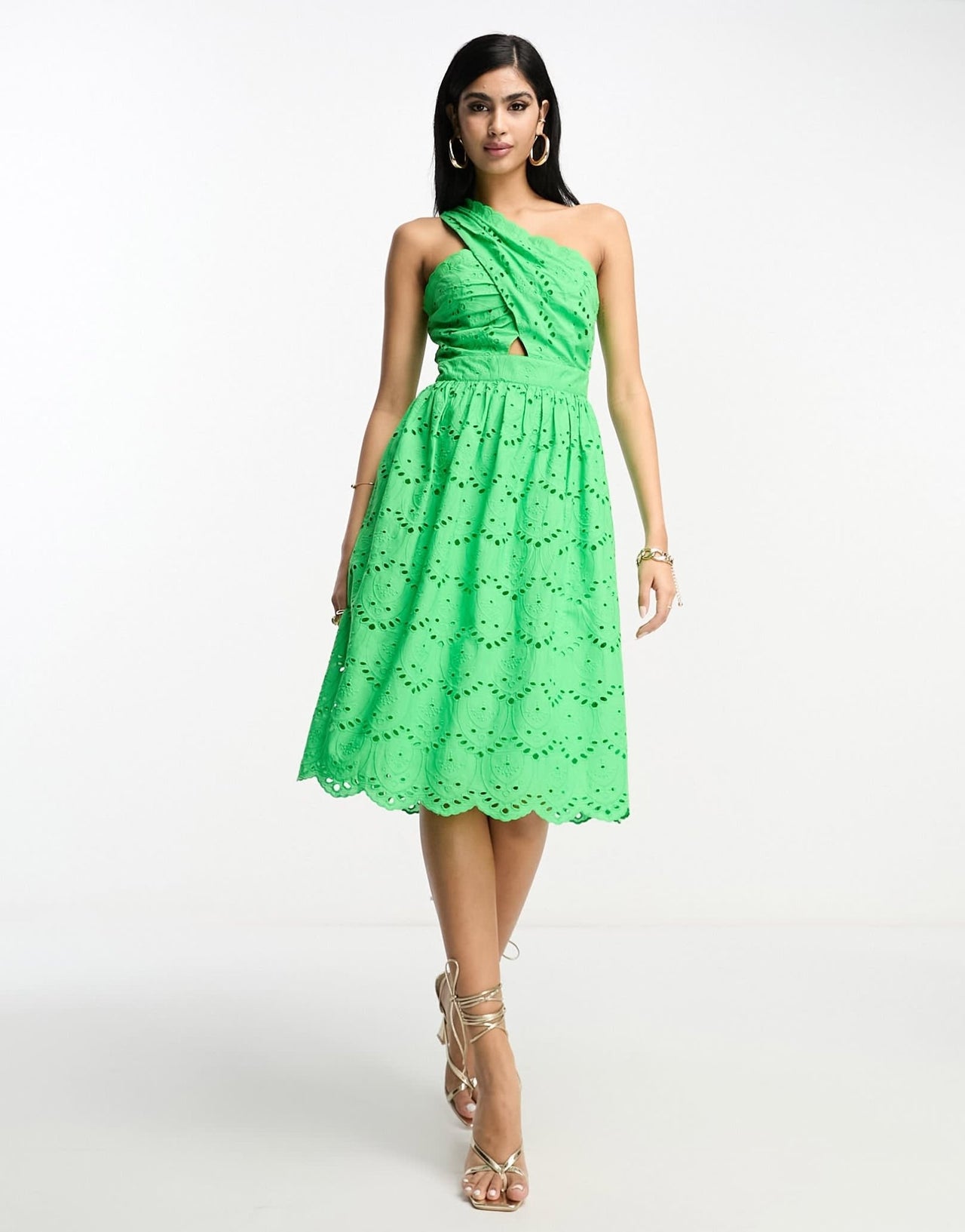 French Connection one shoulder mini dress in bold green broderie - ASOS Sample Sale EU Store