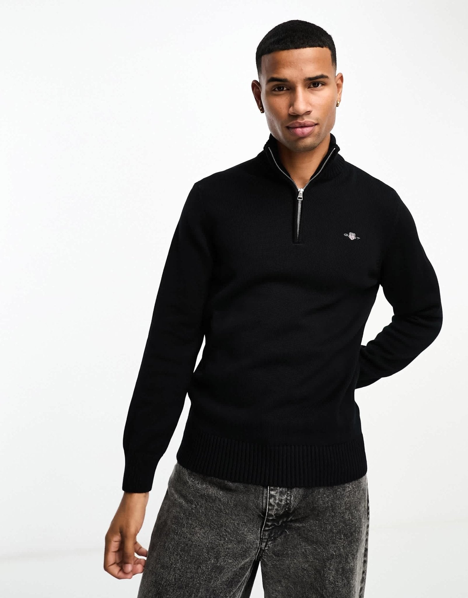 GANT icon logo casual cotton knit half zip jumper in black - ASOS Sample Sale EU Store
