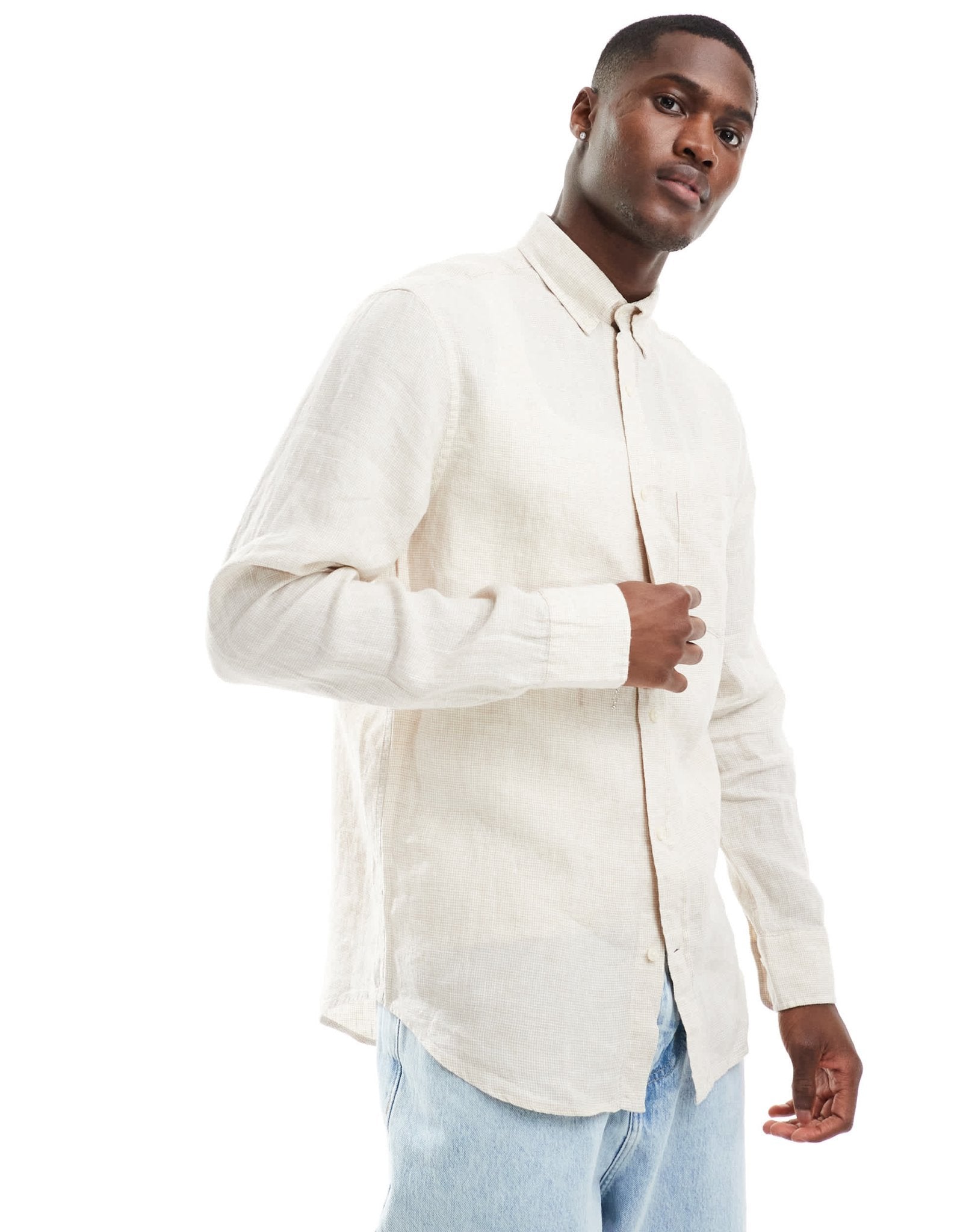 GANT logo linen houndstooth shirt in beige - ASOS Sample Sale EU Store