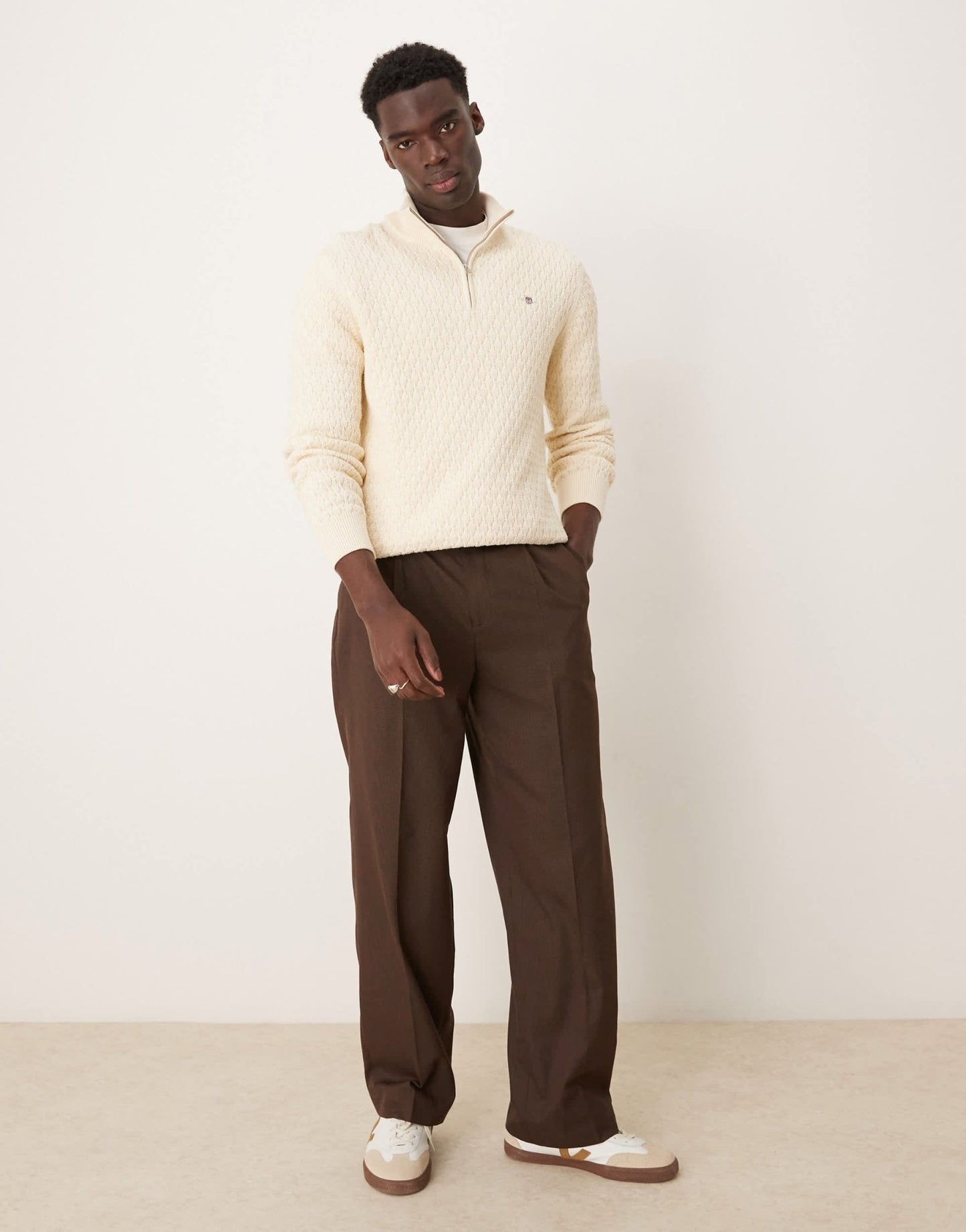 GANT shield logo cotton textured half zip knit jumper in cream - ASOS Sample Sale EU Store