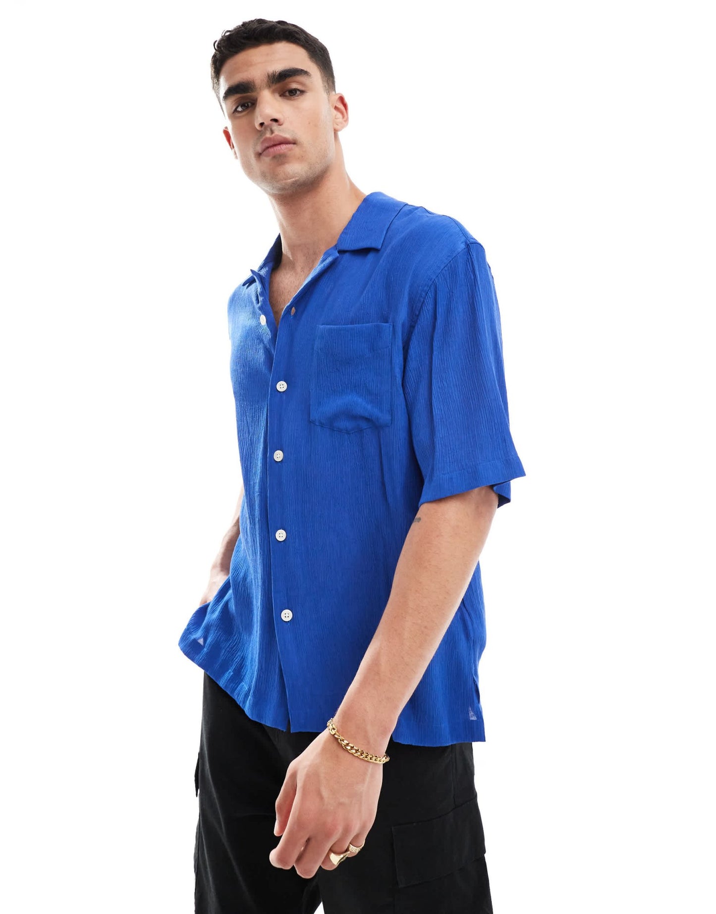 GANT short sleeve texture camp collar relaxed fit shirt in mid blue - ASOS Sample Sale EU Store