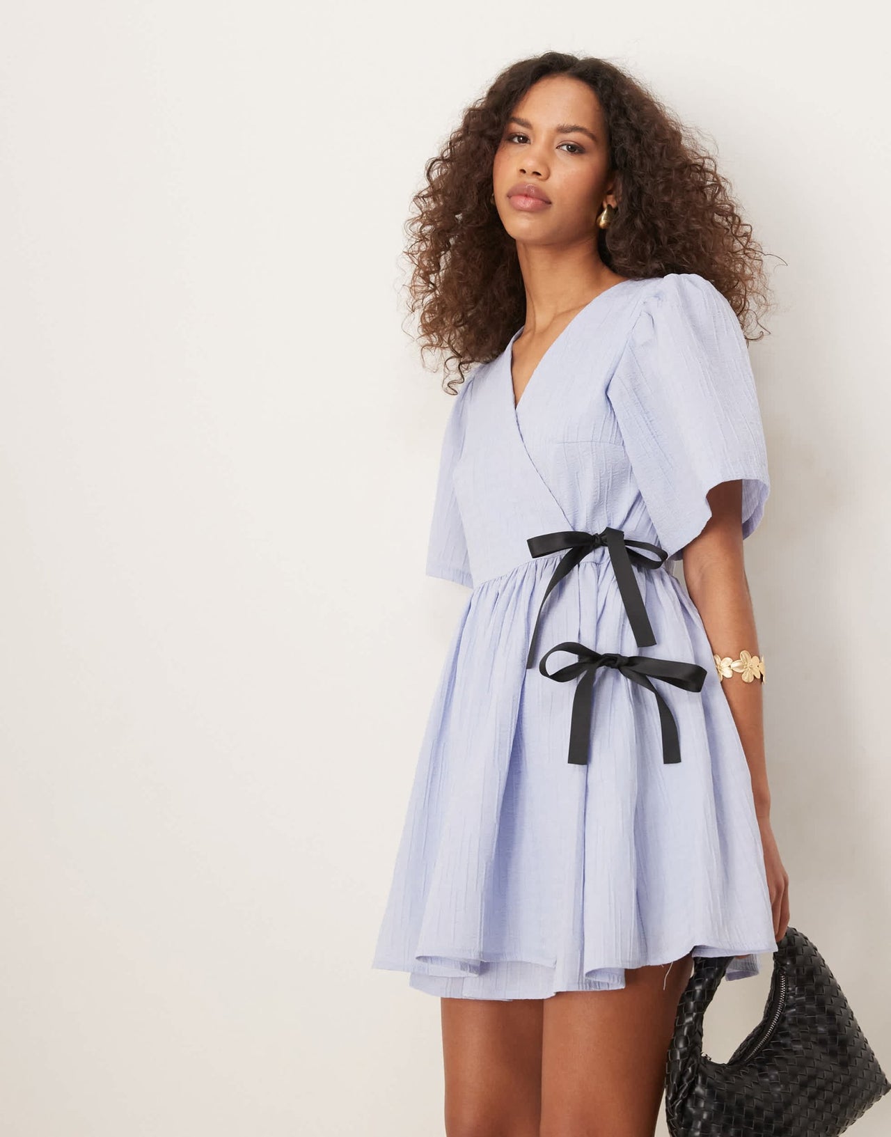 Ghospell contrast bow wrap mini dress in cornflower blue - ASOS Sample Sale EU Store