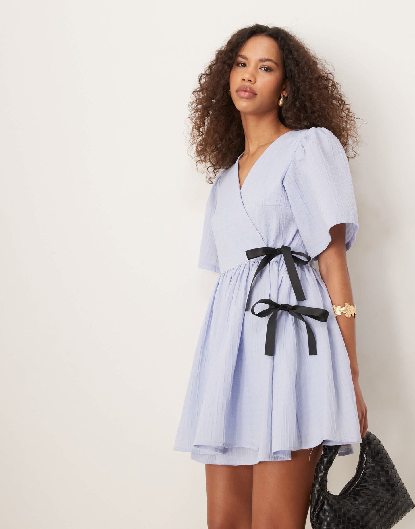 Ghospell contrast bow wrap mini dress in cornflower blue - ASOS Sample Sale EU Store