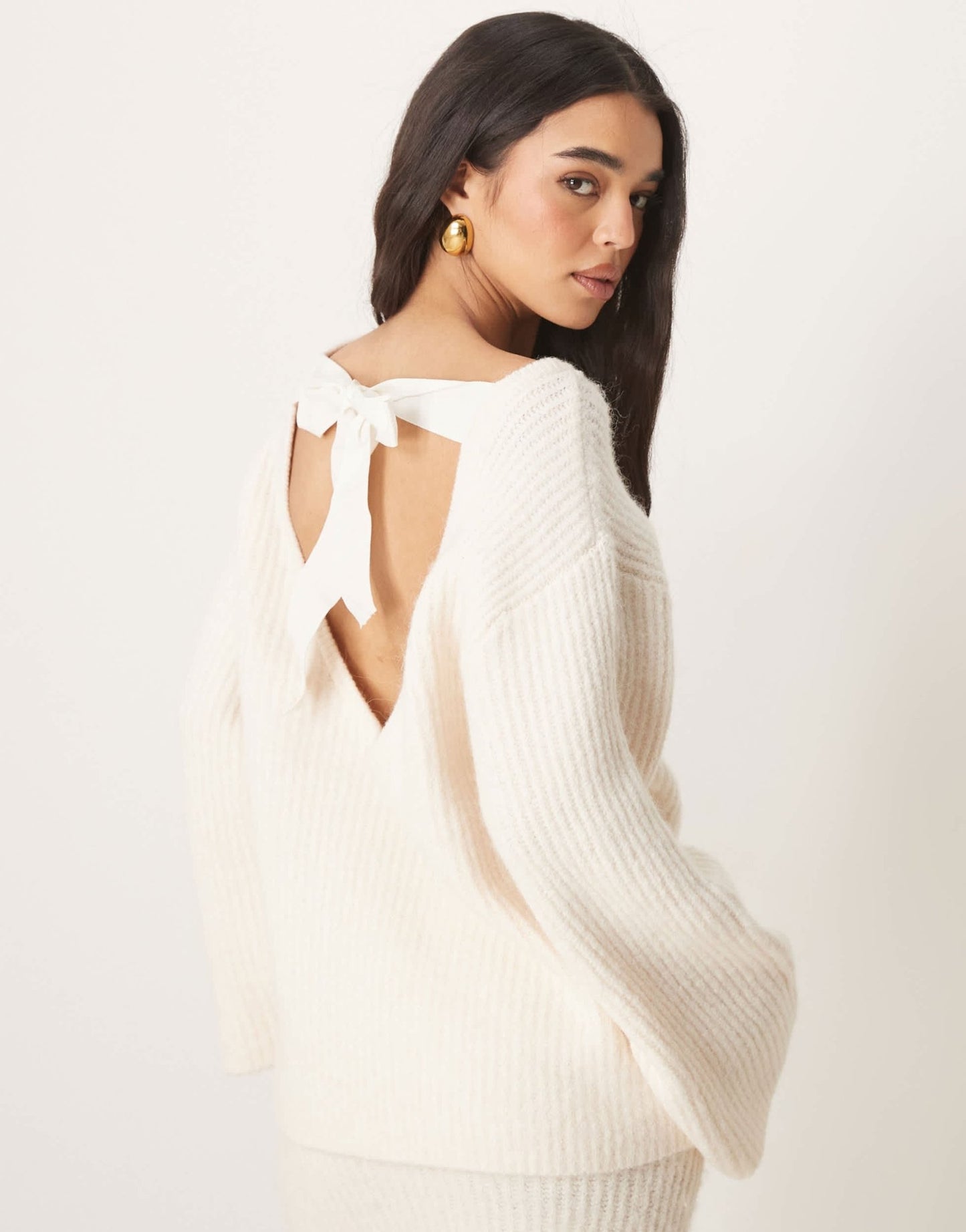 Gina Tricot co - ord chunky rib knitted sweater with tie back bow detail in cream - ASOS Sample Sale EU Store
