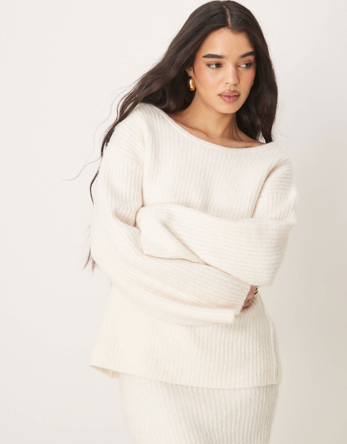 Gina Tricot co - ord chunky rib knitted sweater with tie back bow detail in cream - ASOS Sample Sale EU Store