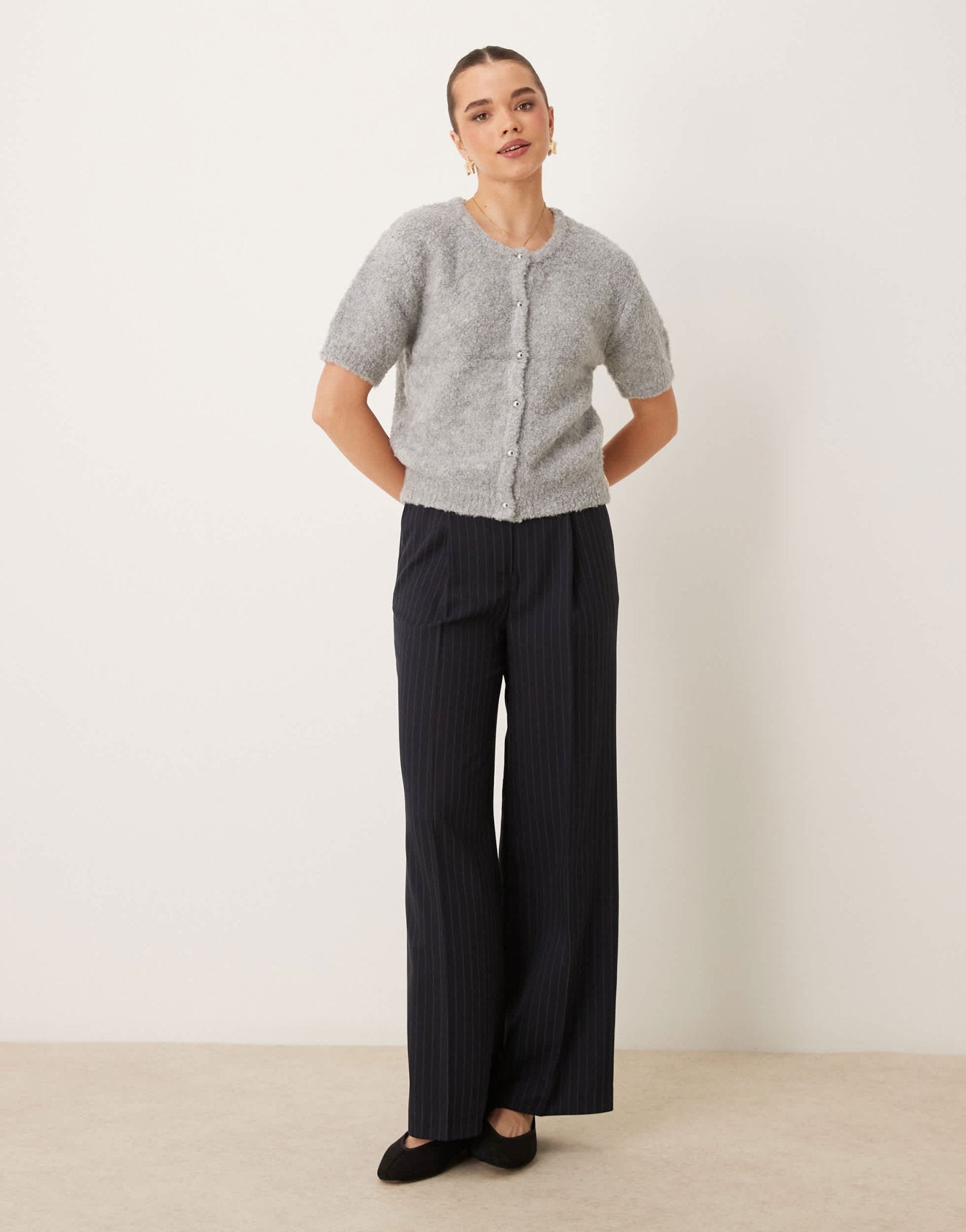 Gina Tricot supersoft textured knit short sleeve cardigan in grey melange - ASOS Sample Sale EU Store