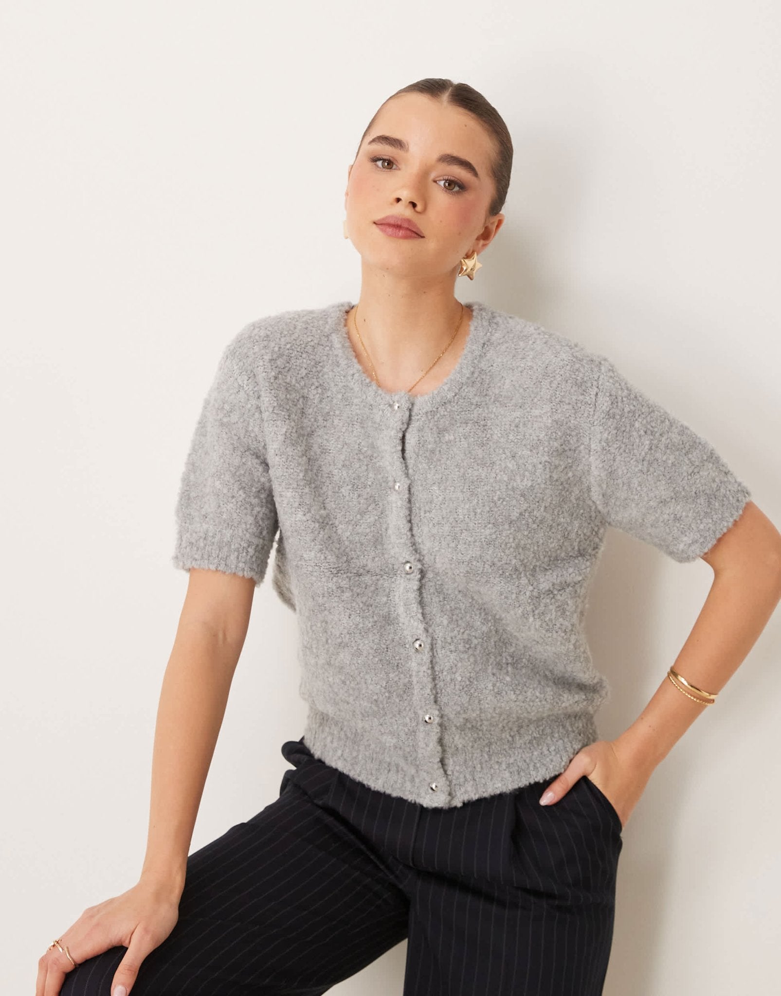 Gina Tricot supersoft textured knit short sleeve cardigan in grey melange - ASOS Sample Sale EU Store