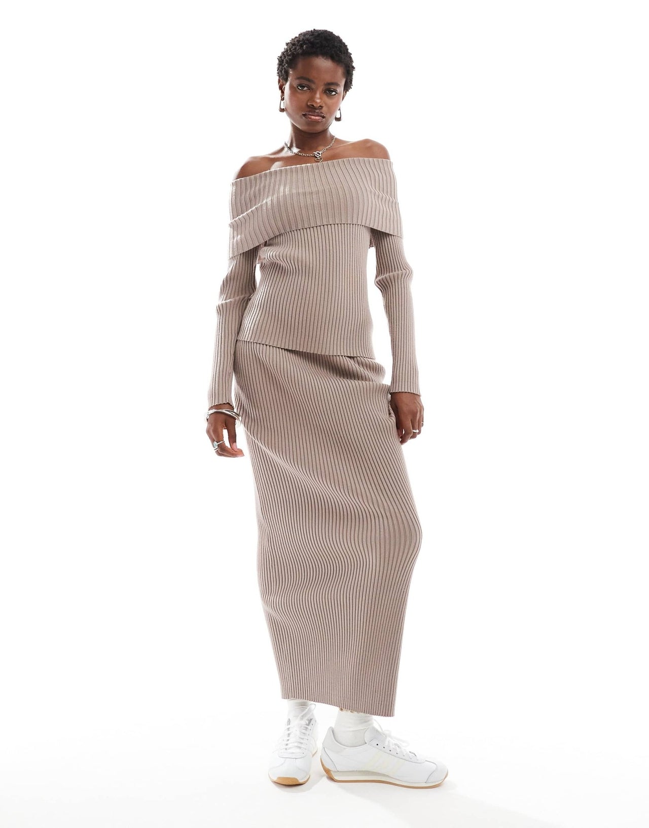 Glamorous off shoulder rib knit jumper in taupe co - ord - ASOS Sample Sale EU Store
