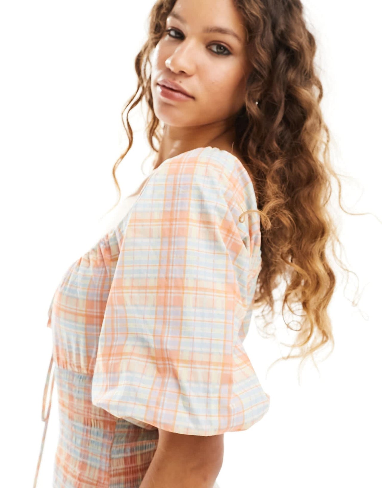 Glamorous scoop neck shirred waist puff sleeve midi dress in blue check - ASOS Sample Sale EU Store