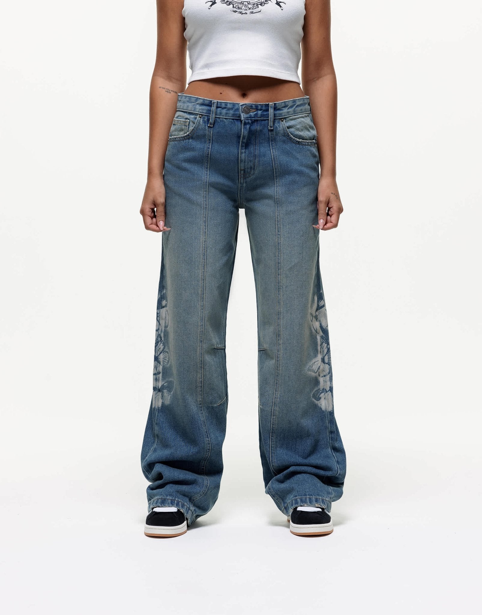 Good For Nothing wide leg jeans with butterfly stamp detail in blue - ASOS Sample Sale EU Store