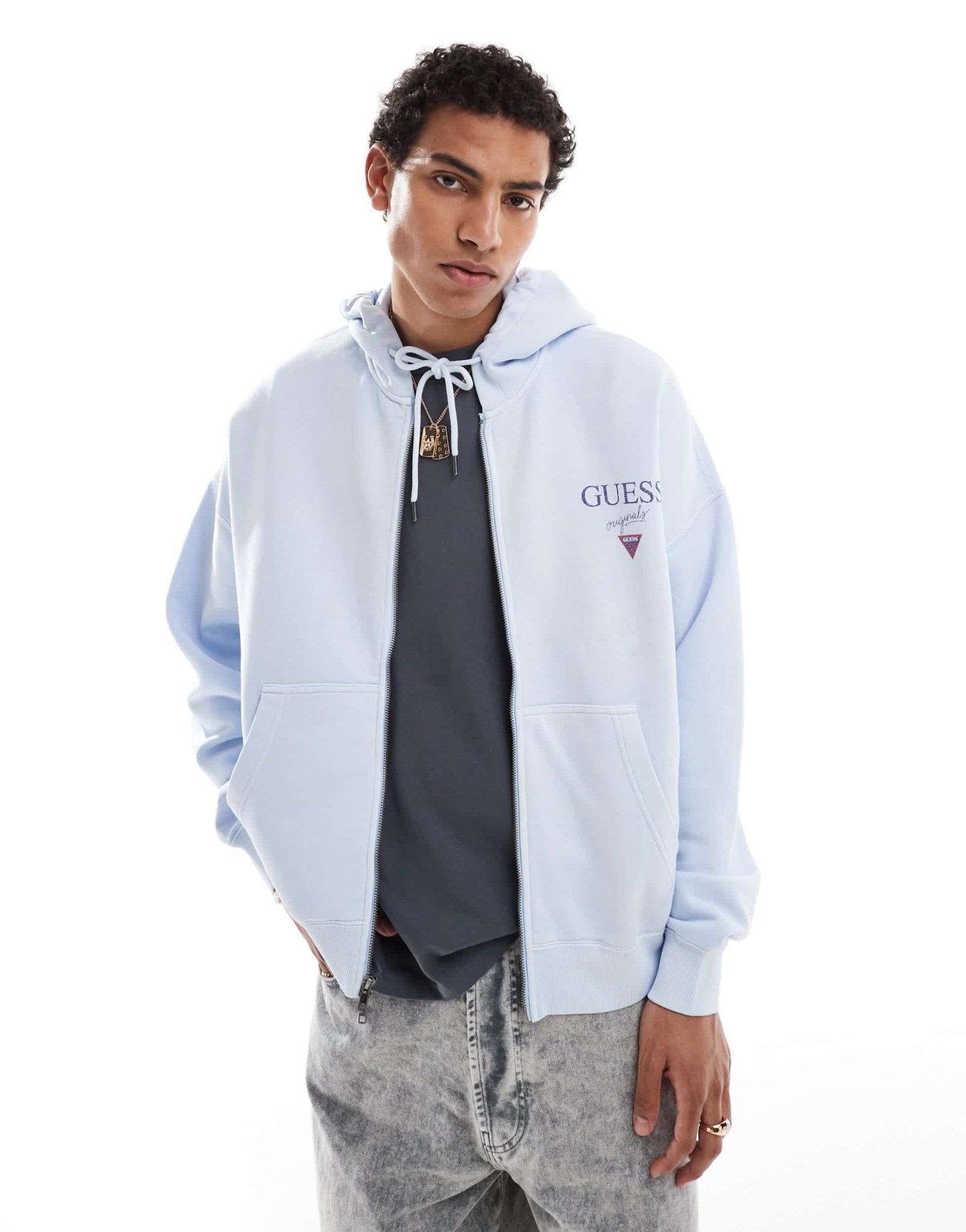 Guess Originals unisex stacked logo zip through hoodie in light blue - ASOS Sample Sale EU Store