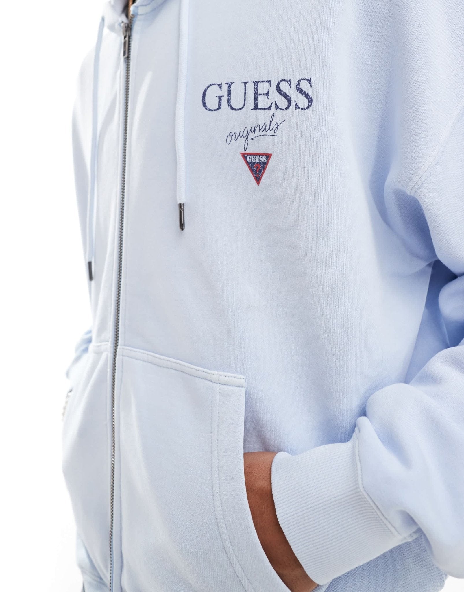 Guess Originals unisex stacked logo zip through hoodie in light blue - ASOS Sample Sale EU Store