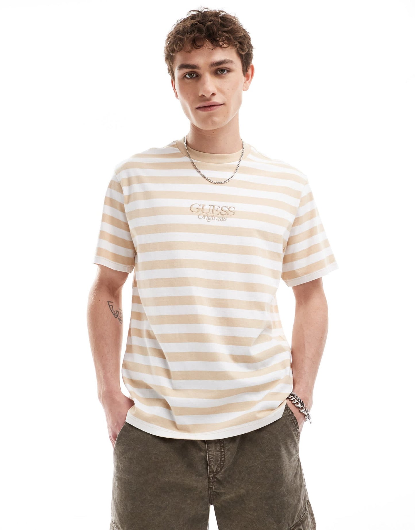 Guess Originals unisex striped t-shirt in beige and white - ASOS Sample Sale EU Store