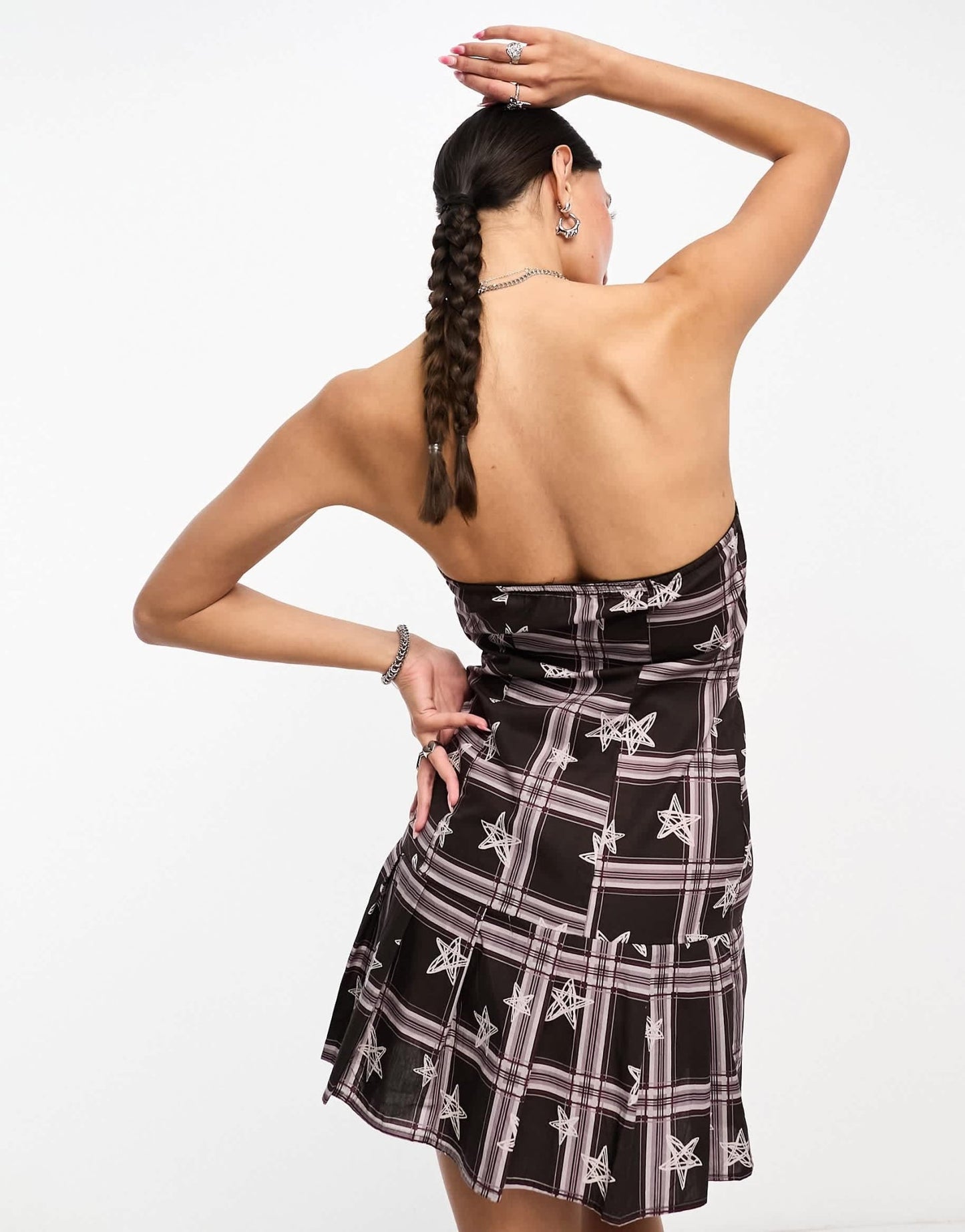 Heartbreak bandeau mini dress with pleated peplum hem in brown star print - ASOS Sample Sale EU Store