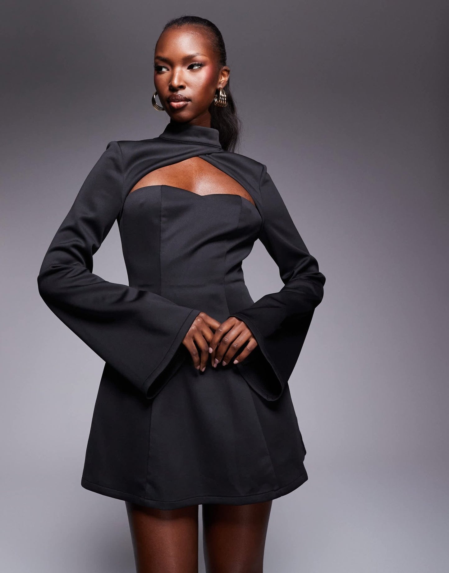 Heiress Beverly Hills exclusive sculpted high neck cut out flared sleeve mini dress in black - ASOS Sample Sale EU Store