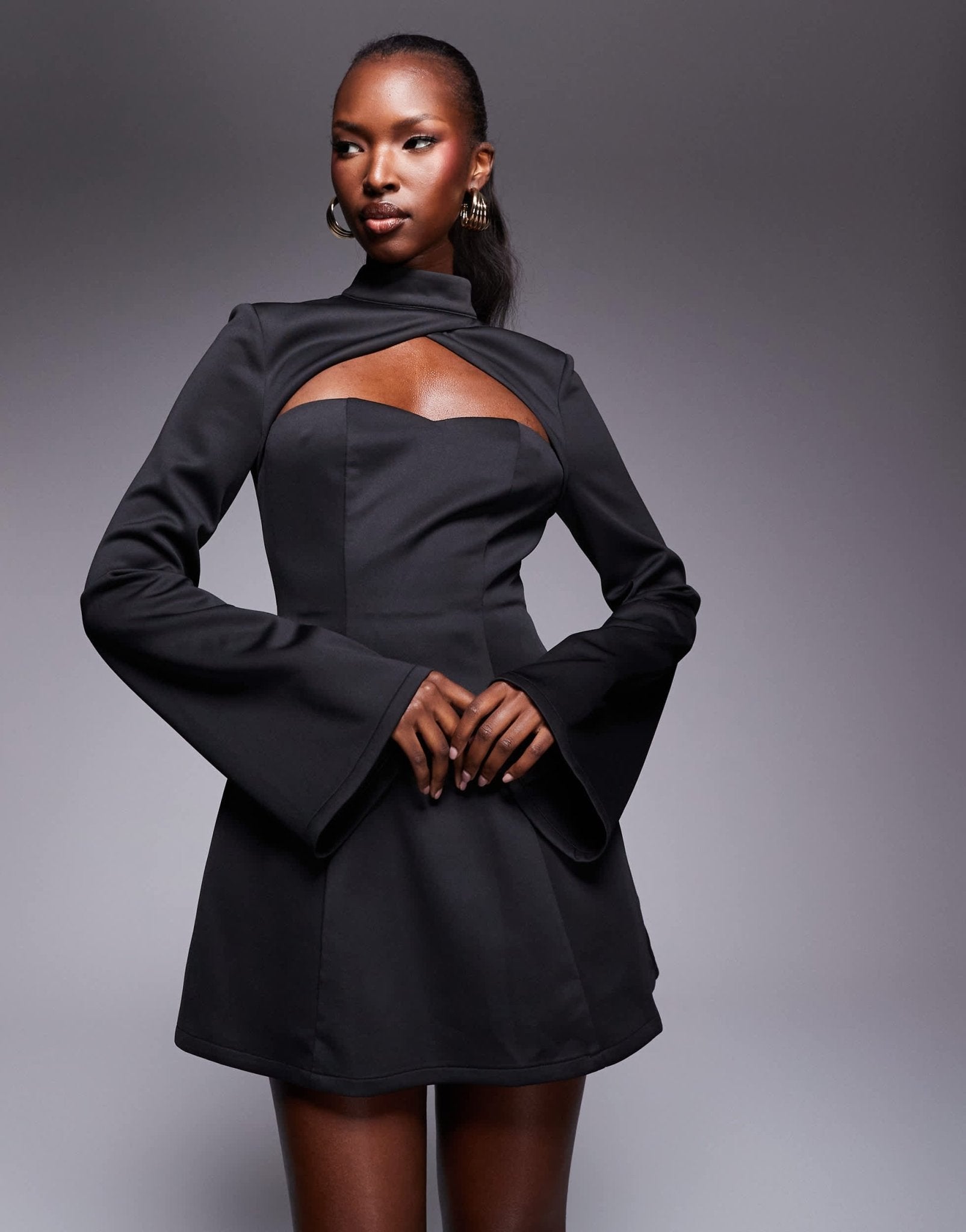 Heiress Beverly Hills exclusive sculpted high neck cut out flared sleeve mini dress in black - ASOS Sample Sale EU Store