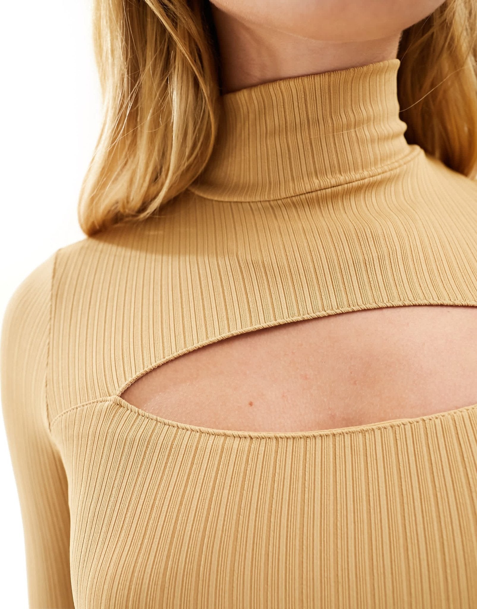 Hollister long sleeve midi knit dress with mock neck cut out in tan - ASOS Sample Sale EU Store