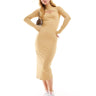 Hollister long sleeve midi knit dress with mock neck cut out in tan